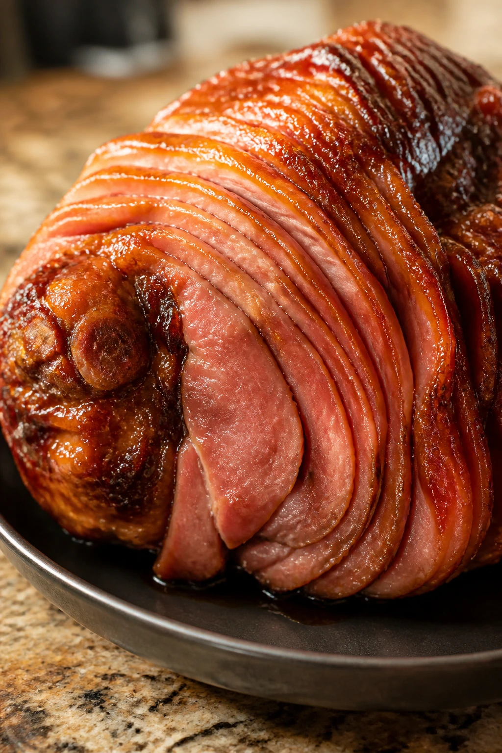 Glossy bourbon glazed ham on a dark platter in a warm kitchen