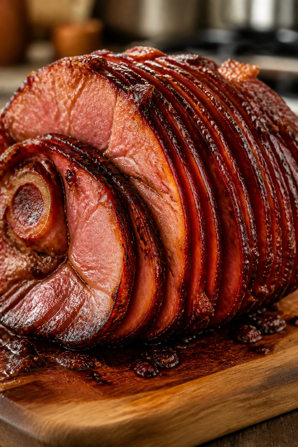 Smoky bourbon honey glazed ham on wooden board