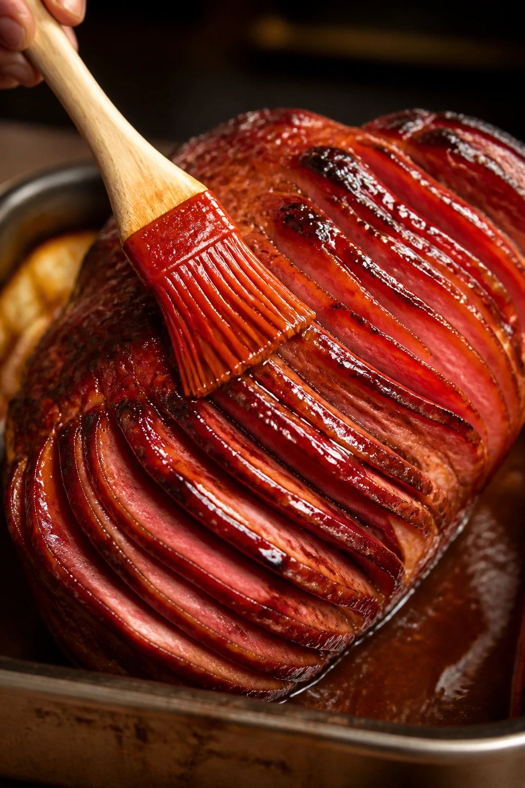 Close-up of glossy glaze being brushed onto a spiral-cut ham in a roasting pan