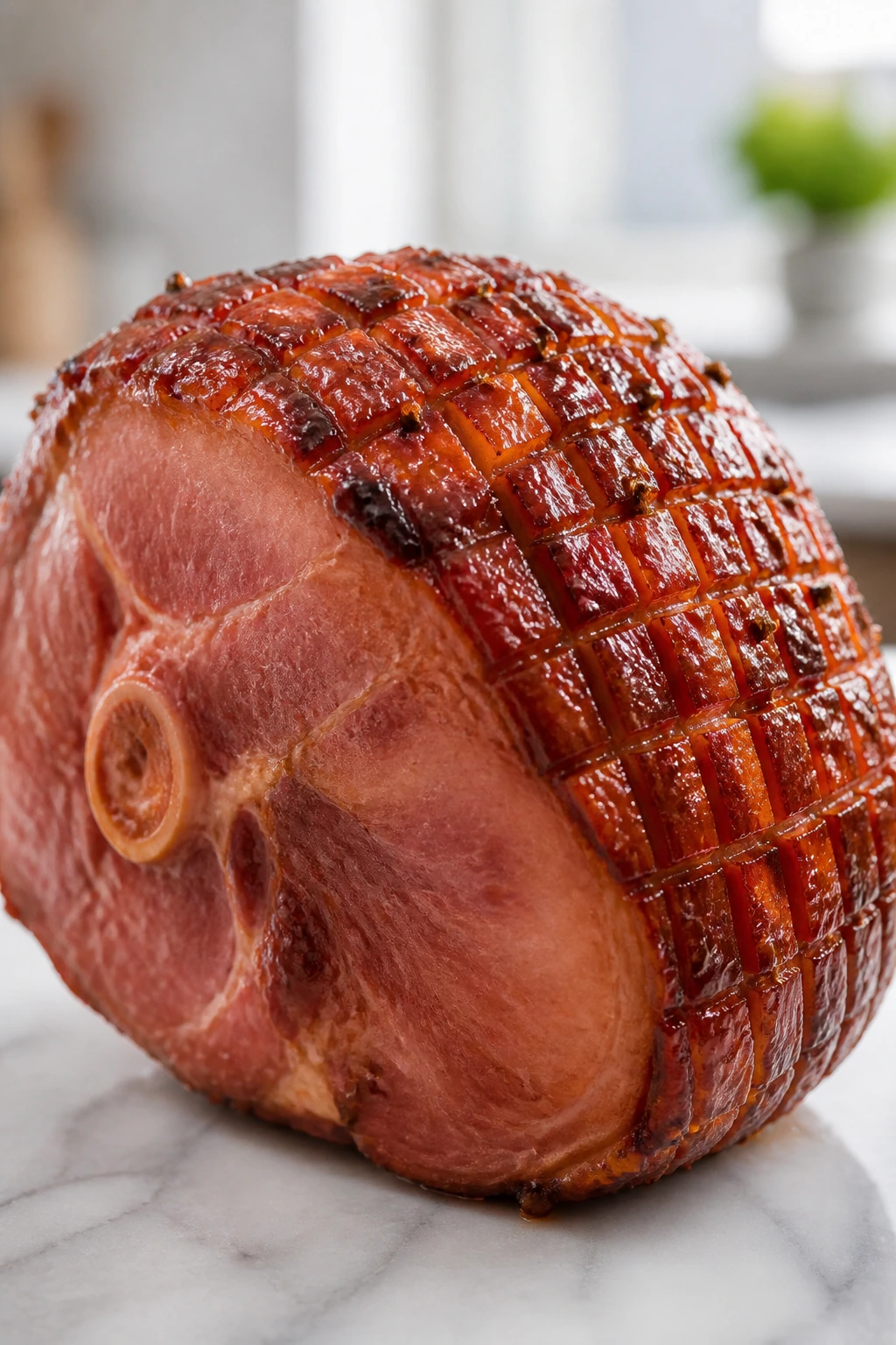 Single glazed ham on a clean kitchen counter in soft light.