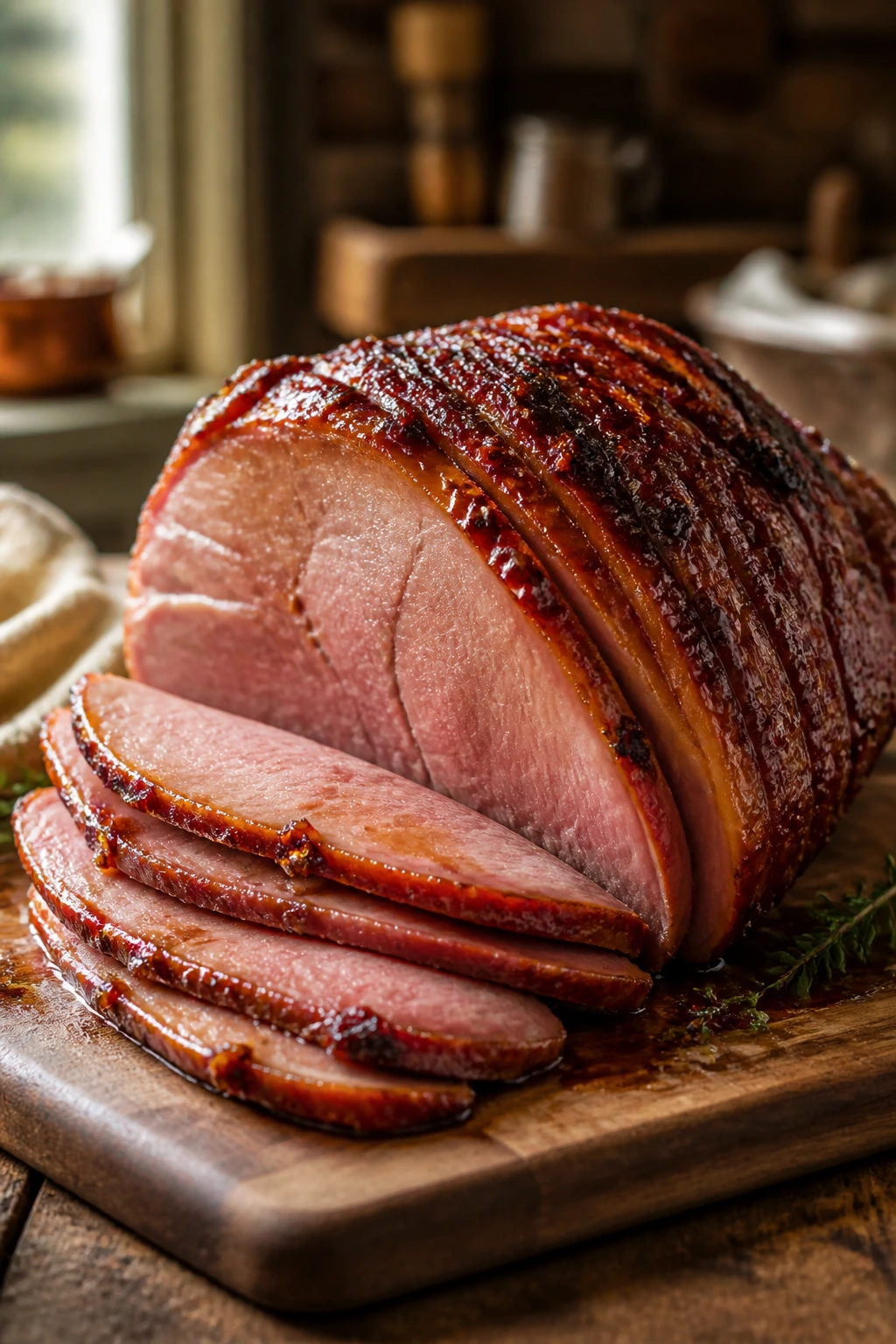 Close-up of glossy glazed ham centerpiece on rustic wood in a warm kitchen