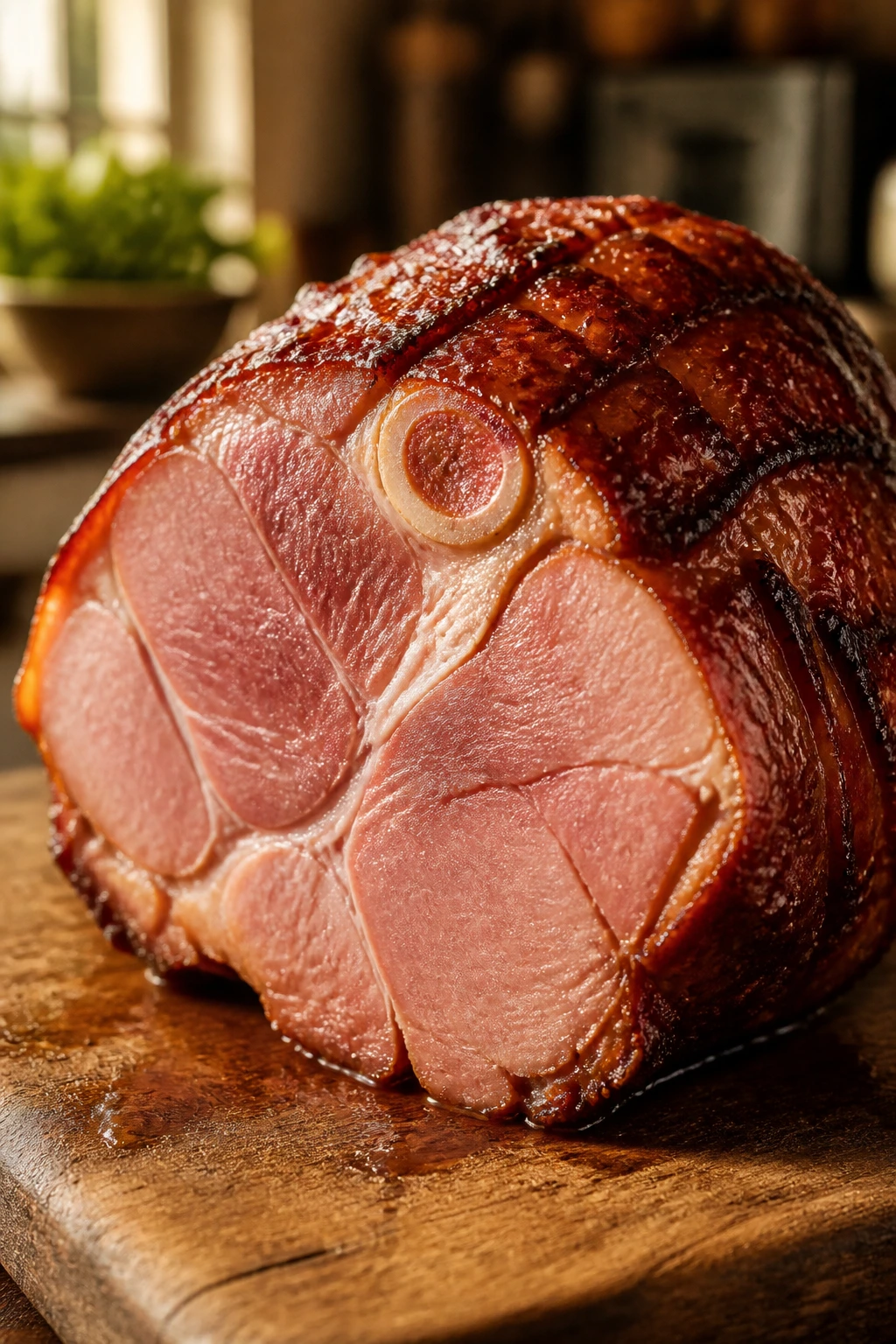 Close-up of juicy glazed ham slice on a wooden cutting board in a warm kitchen