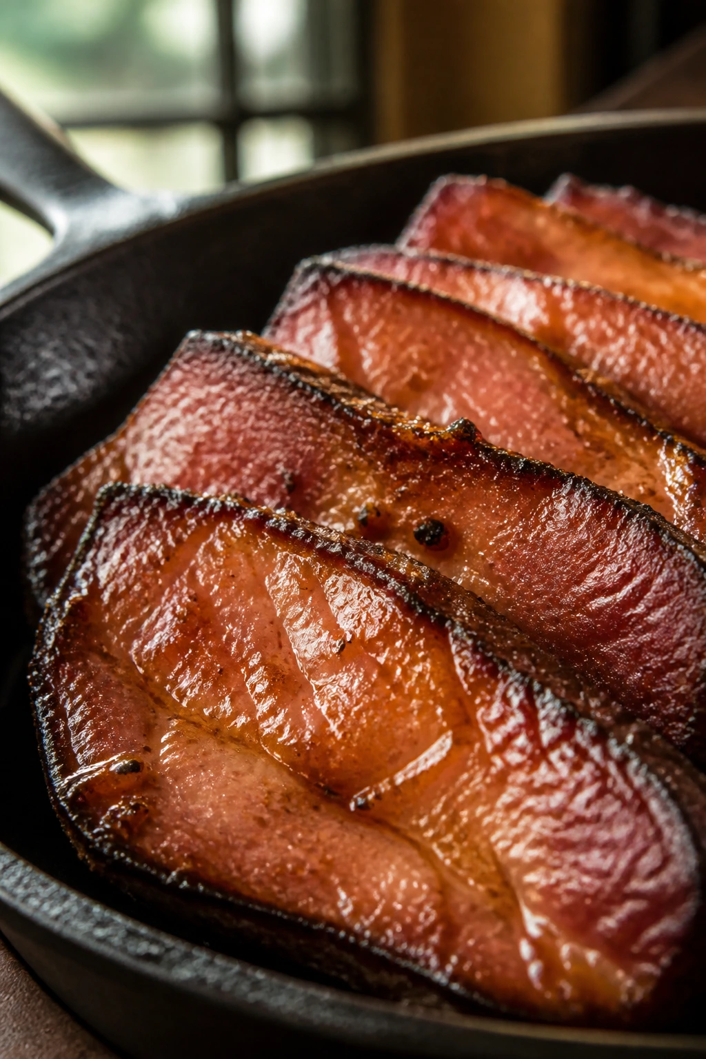 Close-up of glazed ham with crispy brown edges in a skillet