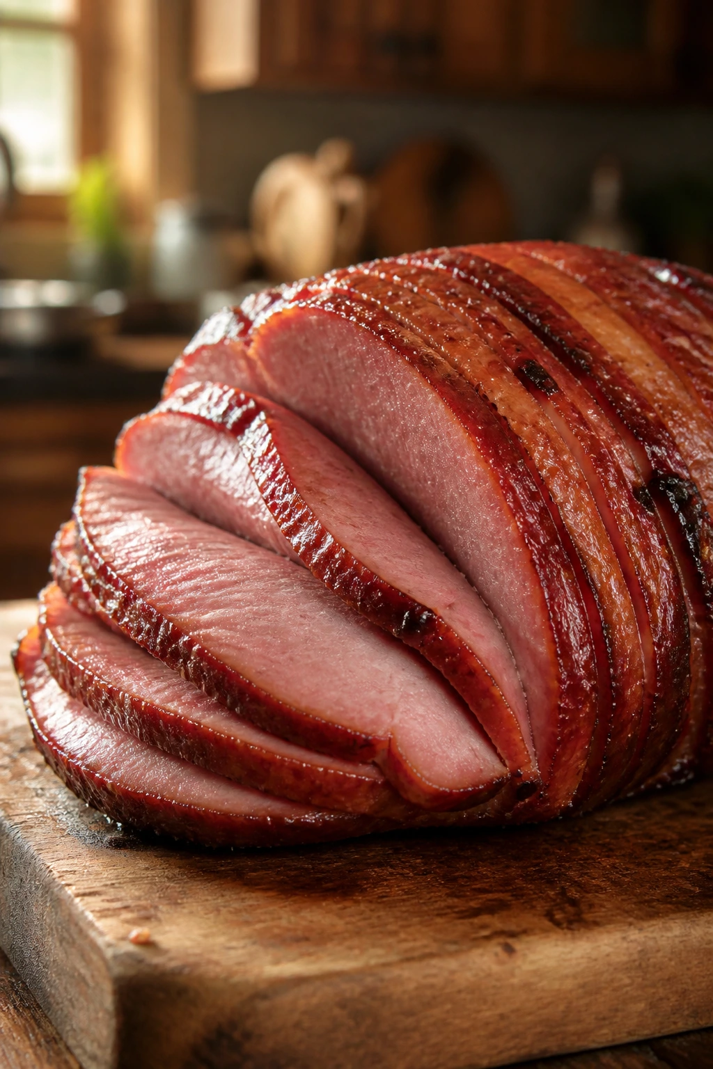 Close-up of a glossy bronzed deli ham on a rustic cutting board in a warm kitchen