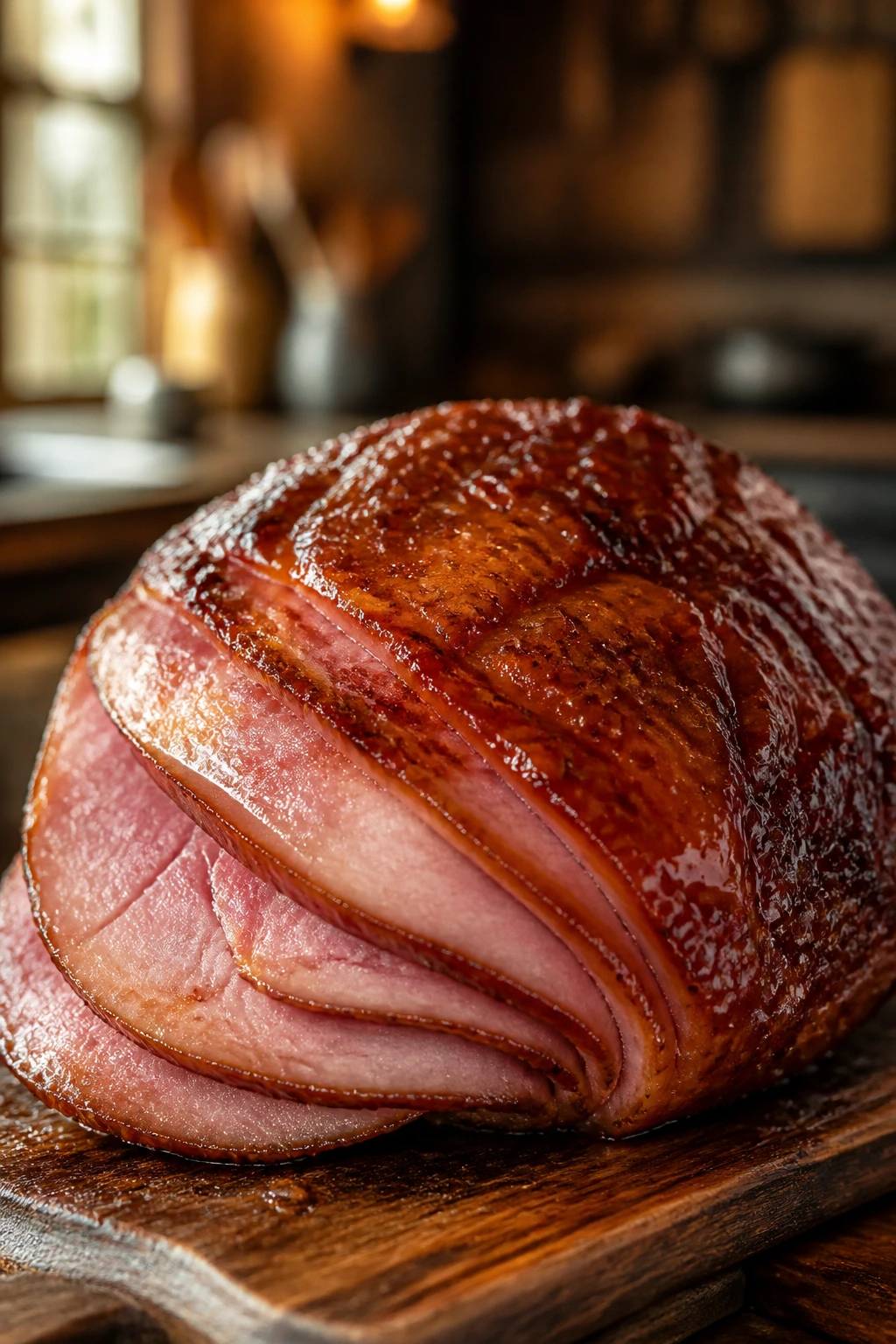 Close-up of glossy glazed deli ham on a wooden board in a warm kitchen