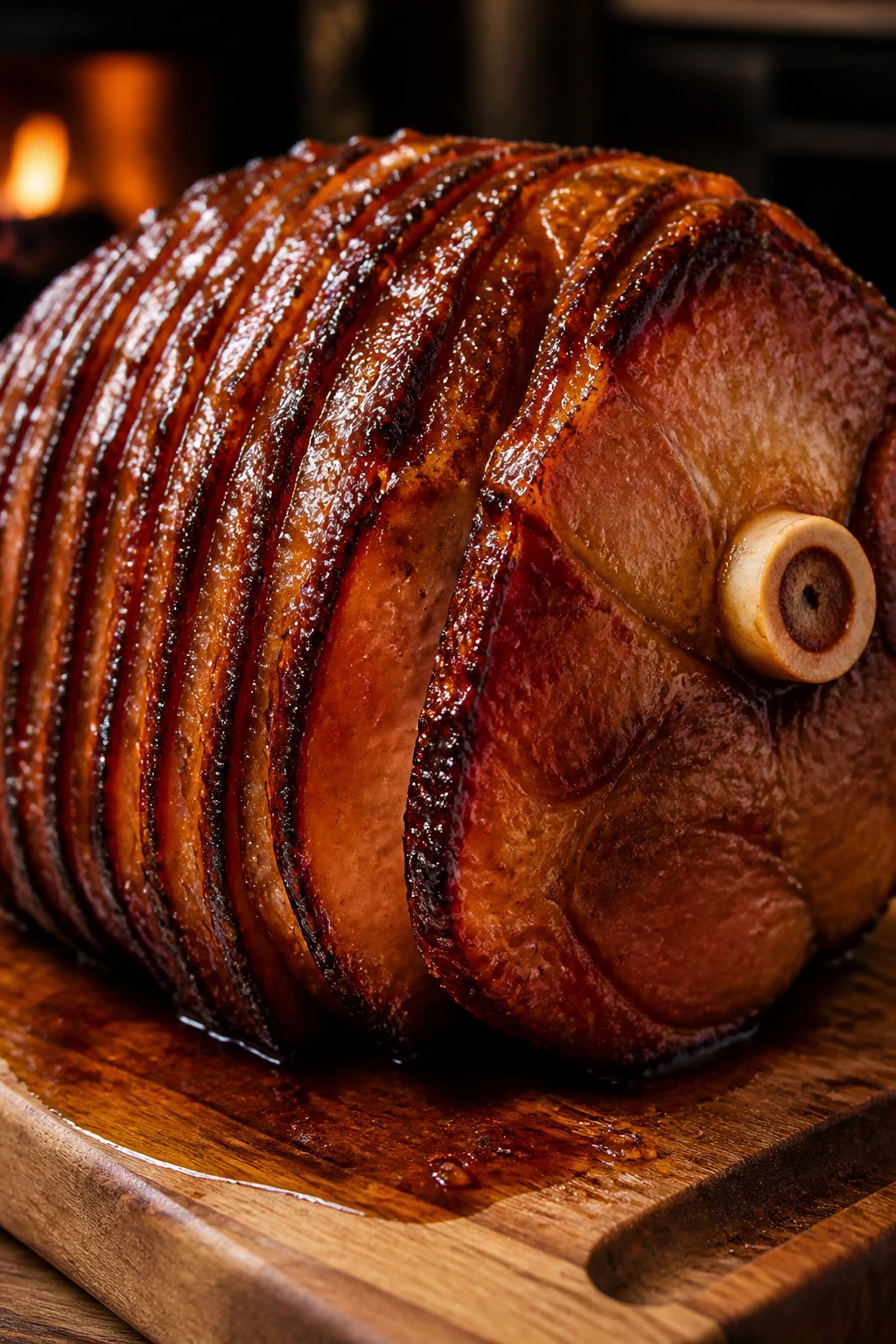 Glossy glazed ham on a wooden carving board in warm kitchen light