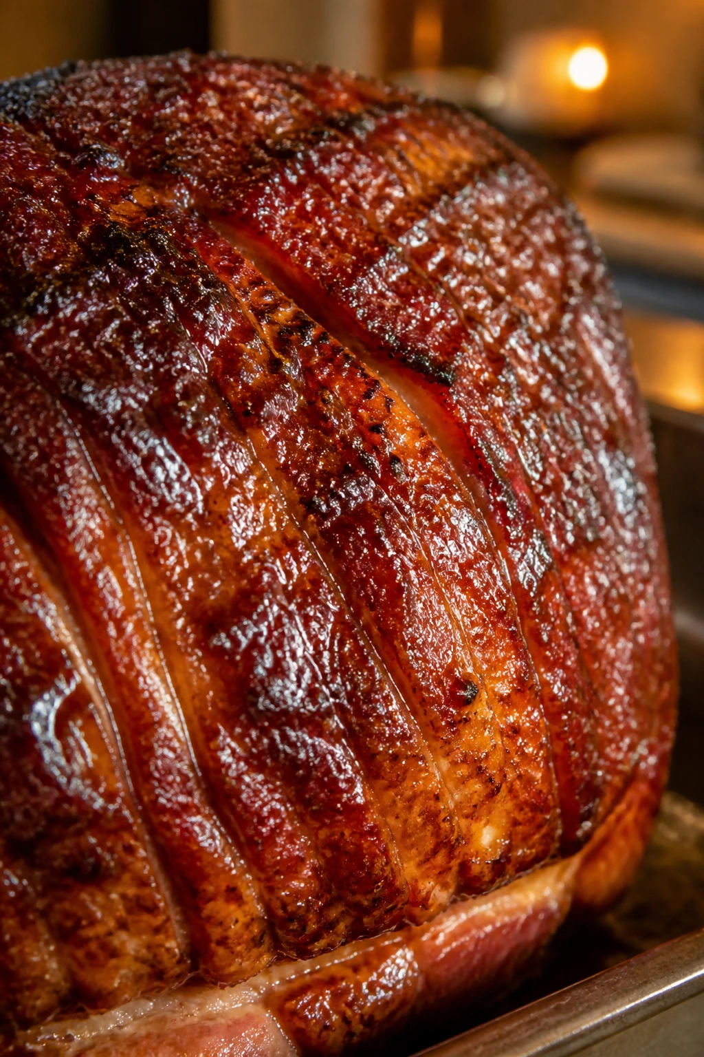 Richly glazed ham surface with caramel sheen