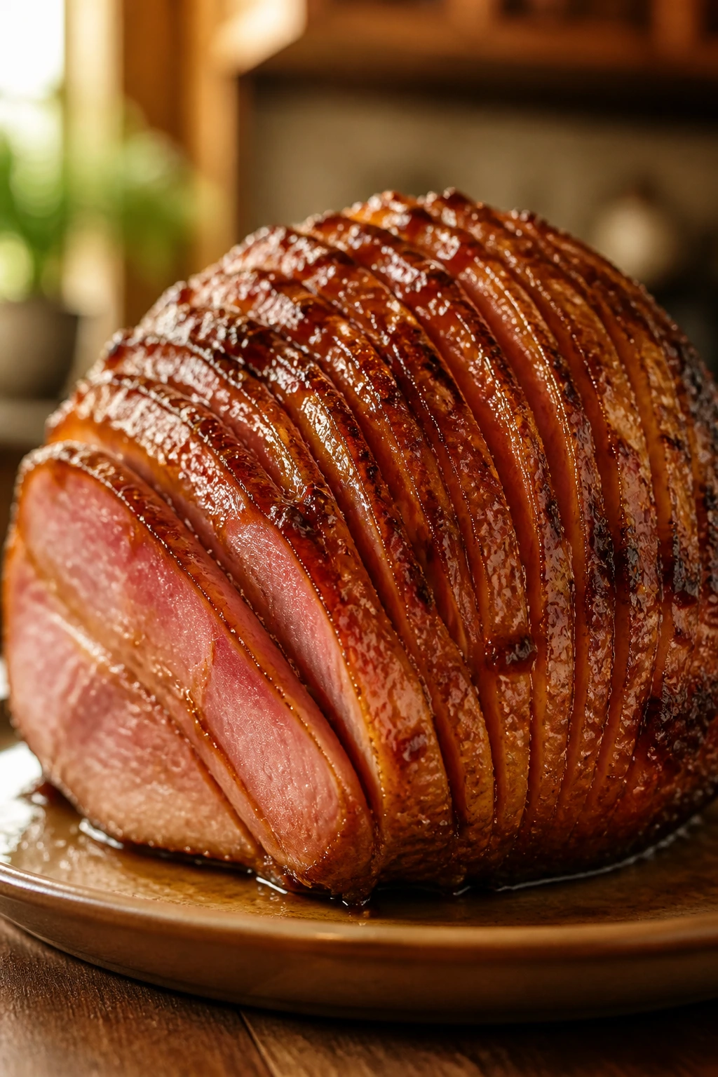 Single glazed ham with caramel glaze on a warm platter.