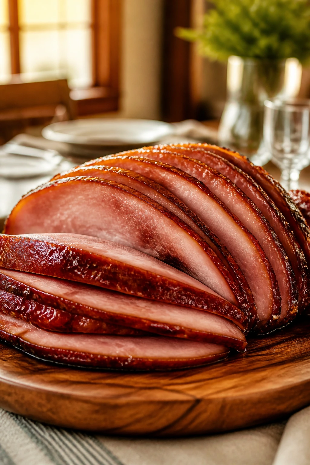 Close-up of glossy glazed ham slices on a warm wooden platter.