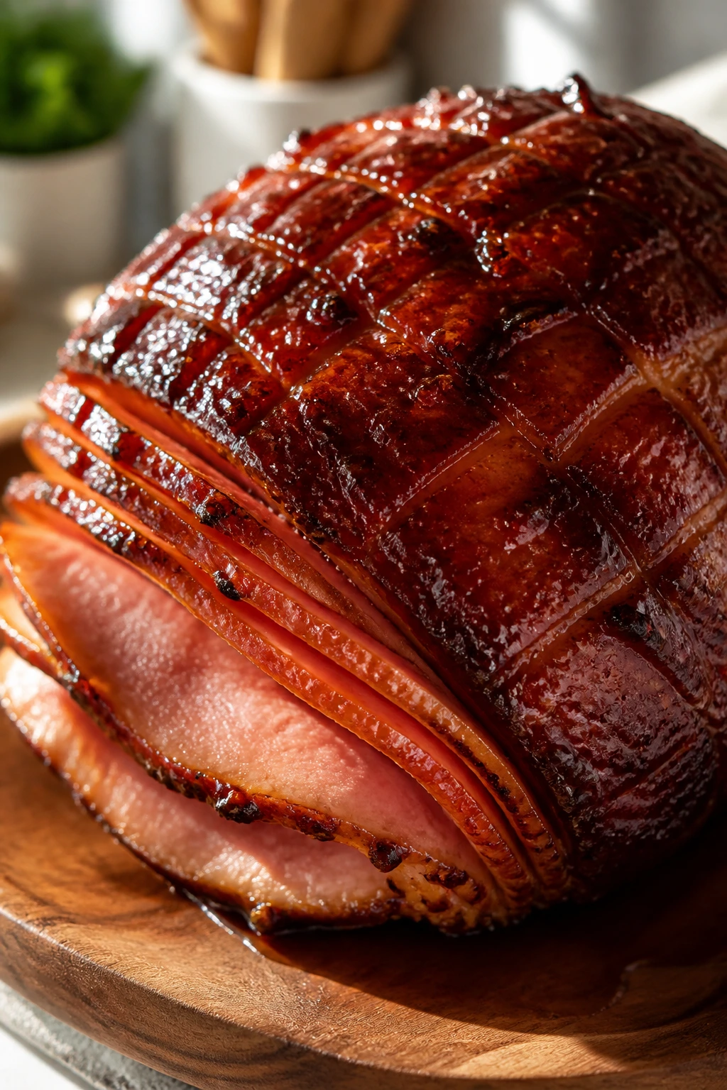 Close-up of glossy glazed ham on a warm platter in a bright kitchen.