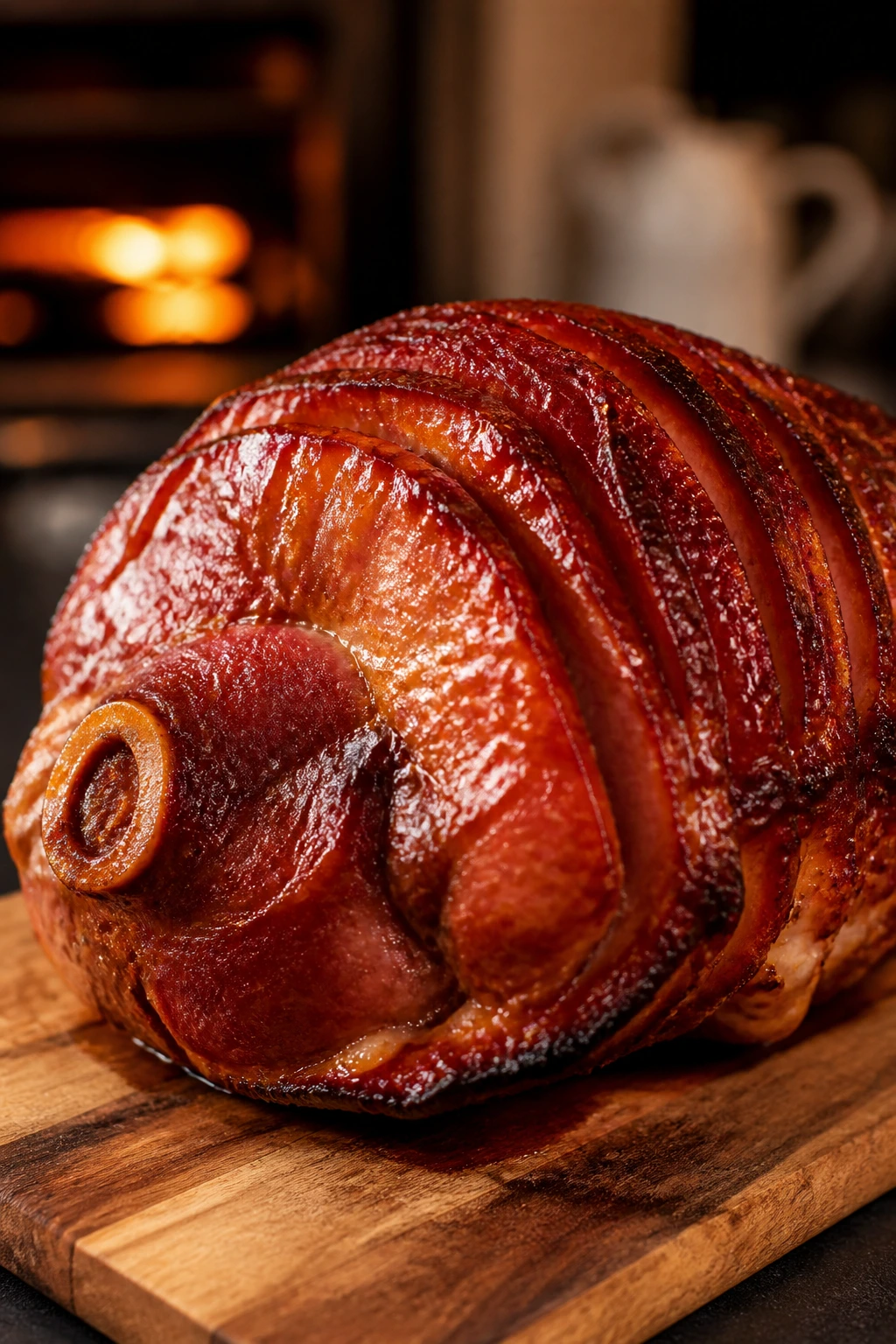 Close-up of glazed ham resting on board
