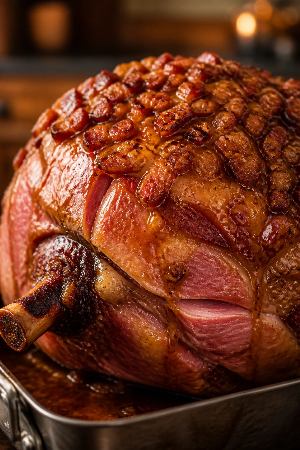 Close-up of bone-in ham with maple-brown sugar bacon glaze