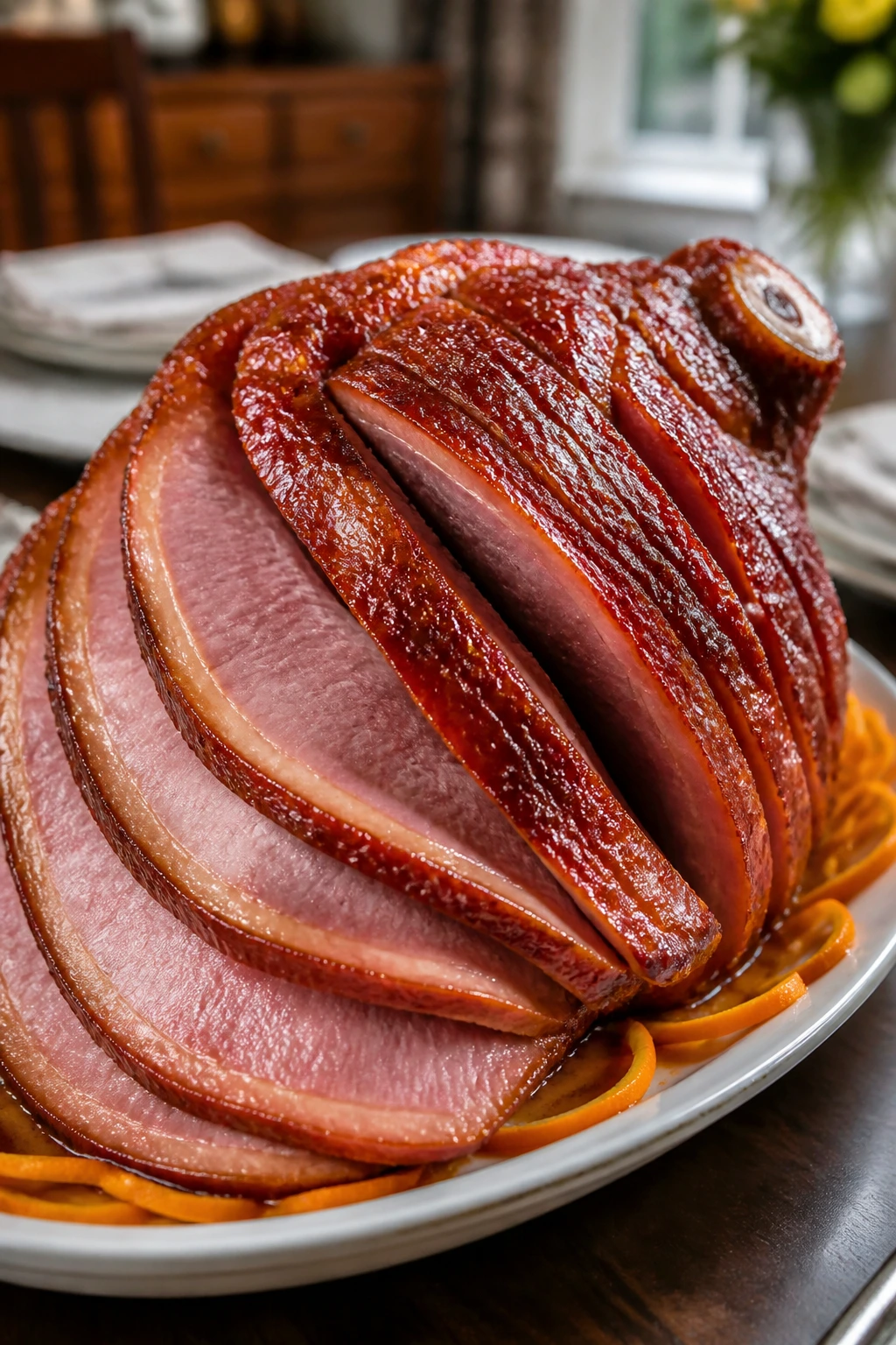 Finished glazed ham on a warmed platter with orange zest garnish