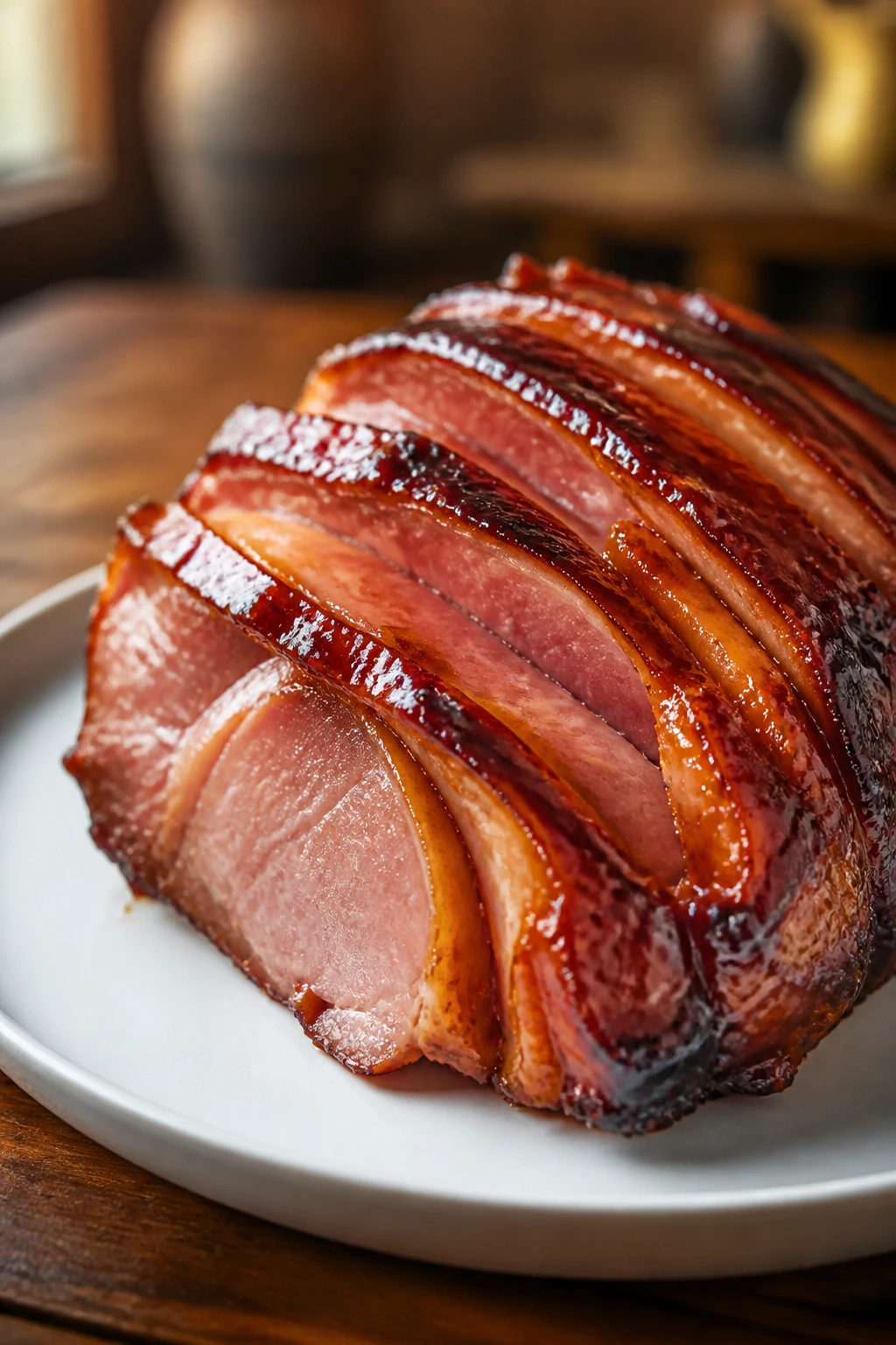 Lacquered ham slice on white plate with glossy glaze in warm kitchen
