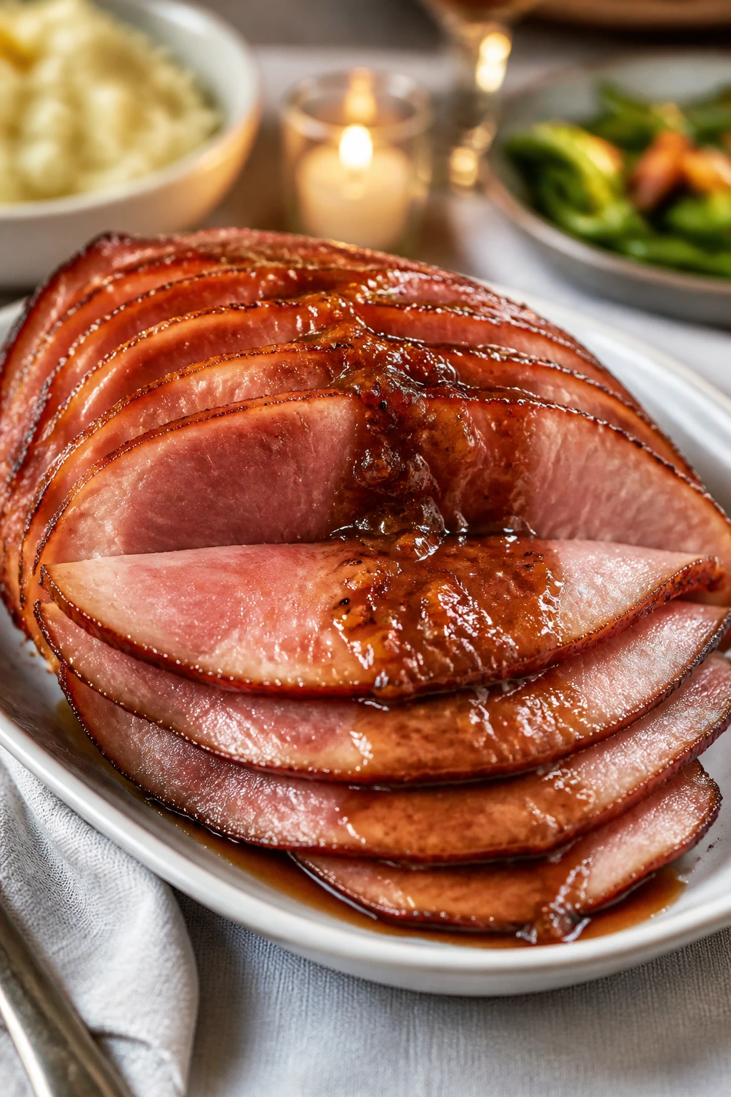 Warmed platter of glazed ham slices ready to serve