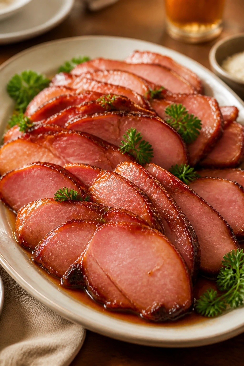 Ham on warm platter with glaze and parsley garnish