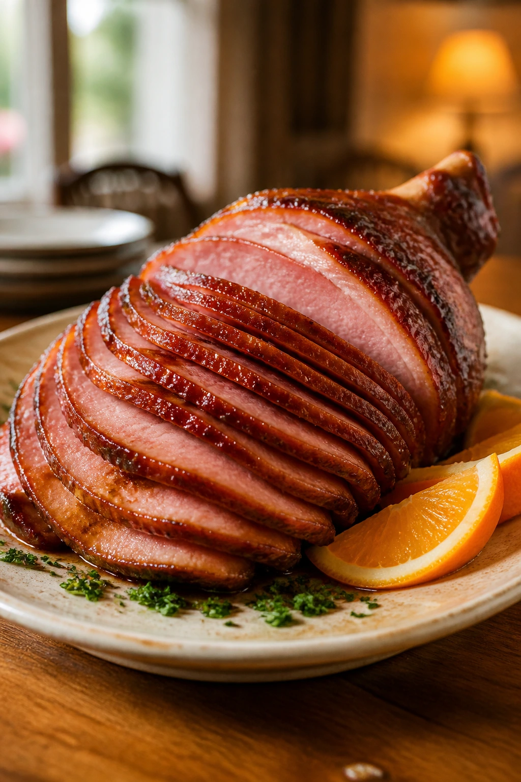 Close-up of glazed ham slices on a warm platter with parsley and orange wedges