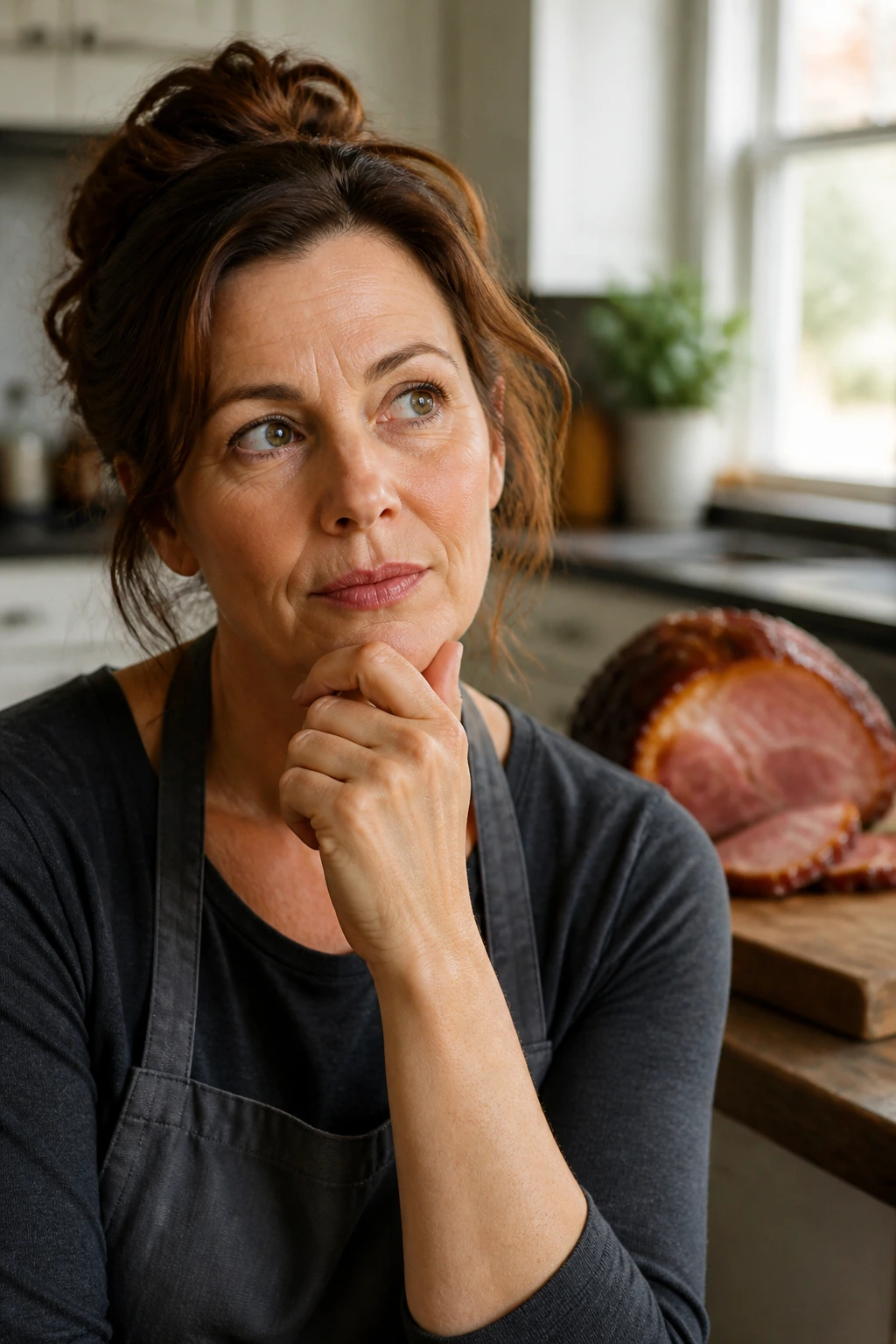 Portrait of a home cook with glazed ham in background