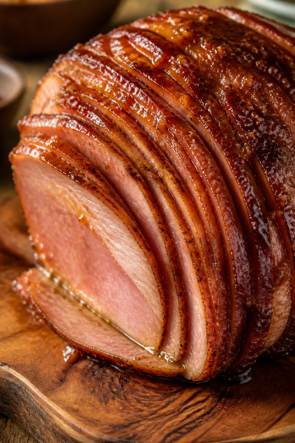 Close-up of a glazed deli ham with brown sugar glaze on a wooden board