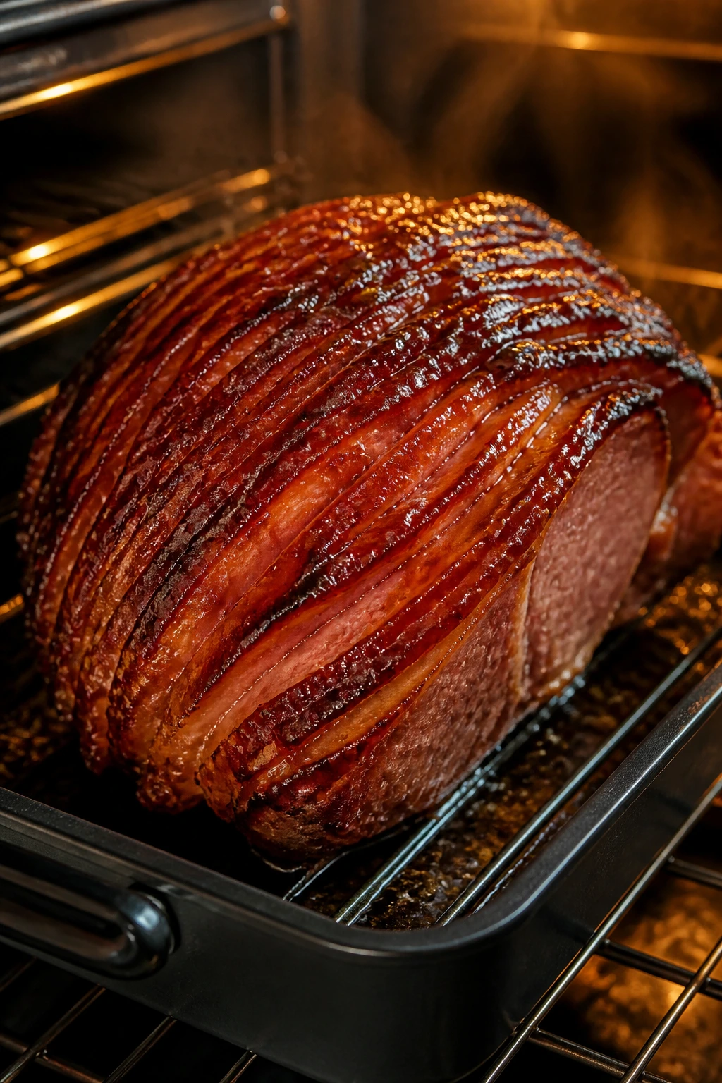 Close-up of glossy glazed roasted ham in a kitchen