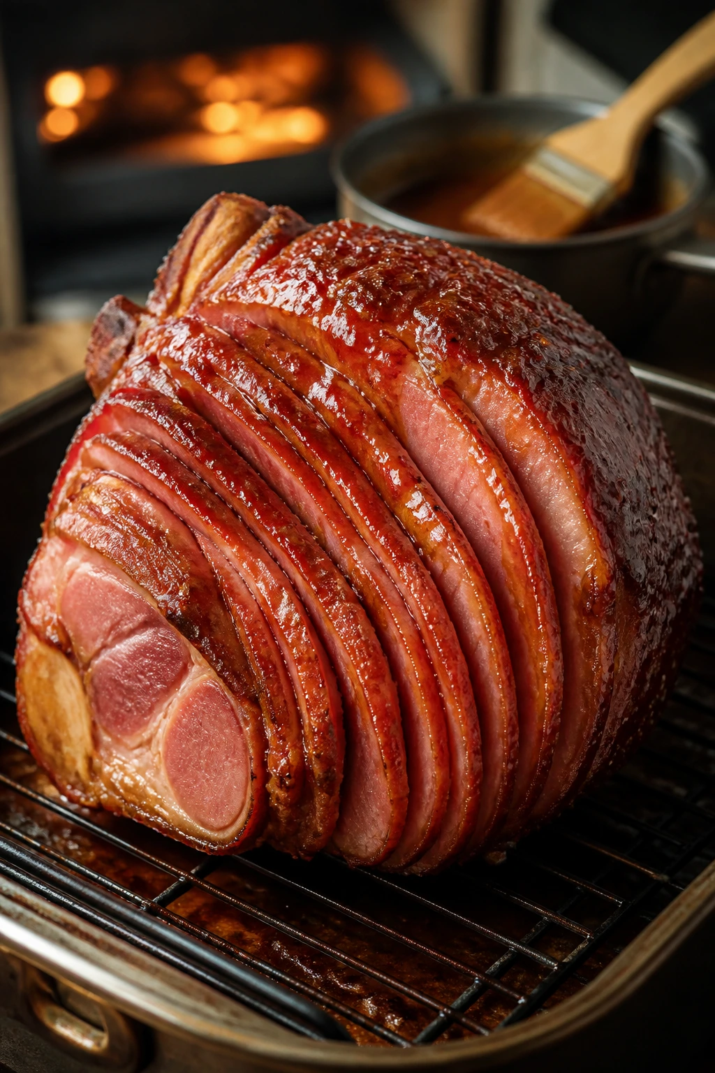 Close-up of a spiral-cut glazed ham in a roasting pan