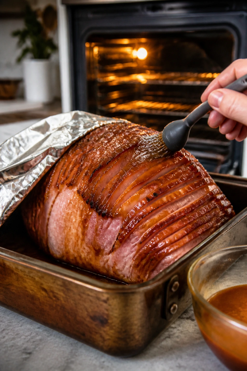 Close-up of a large ham in a roasting pan with foil, glaze brushed into spiral cuts in a warm kitchen
