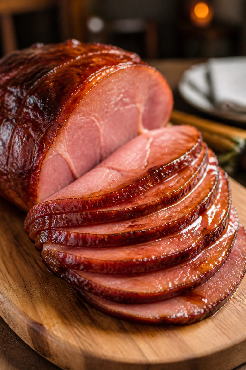 Glazed ham slices arranged on a warm serving board with a glossy crust