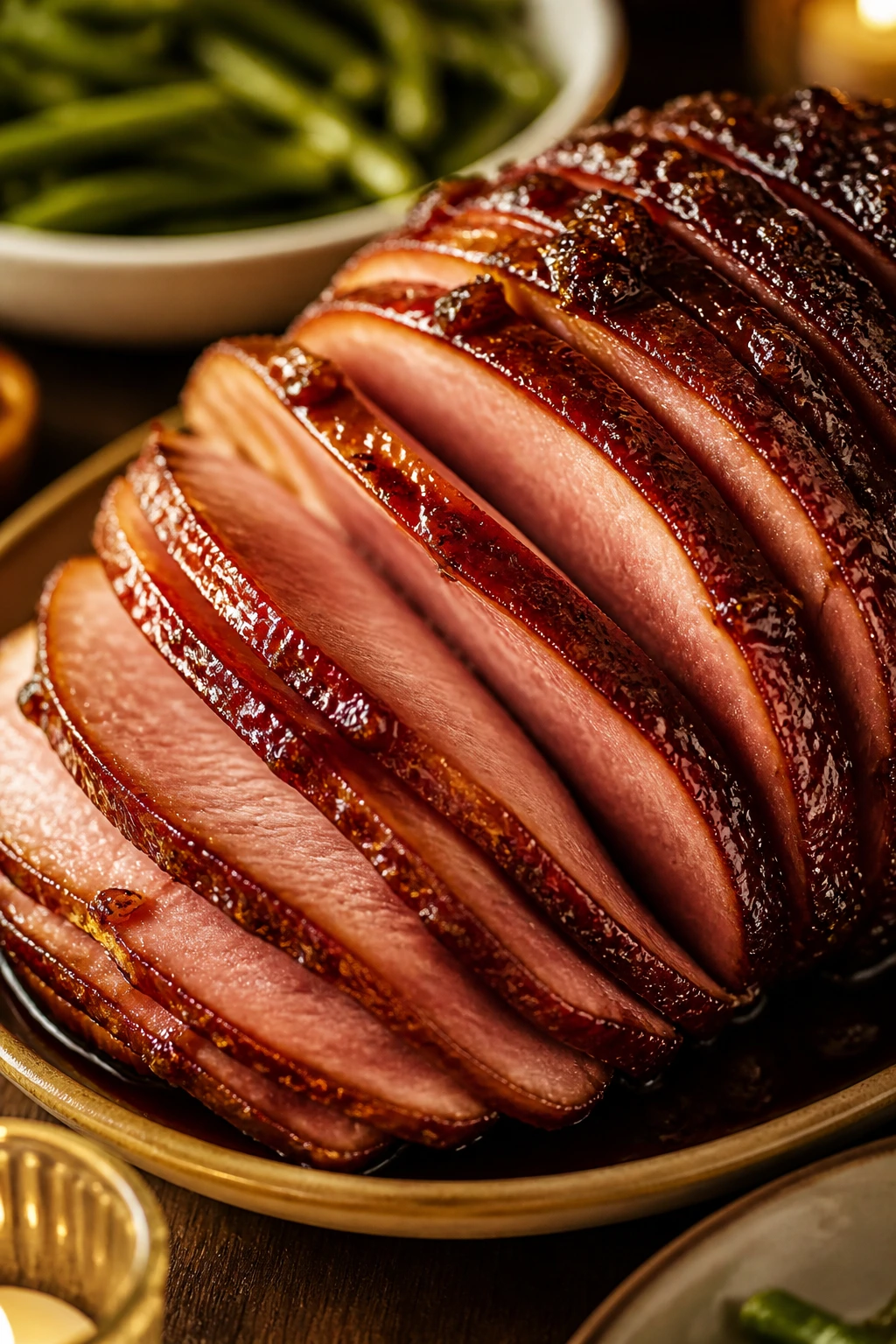 Sliced bourbon-glazed ham on a warm serving platter