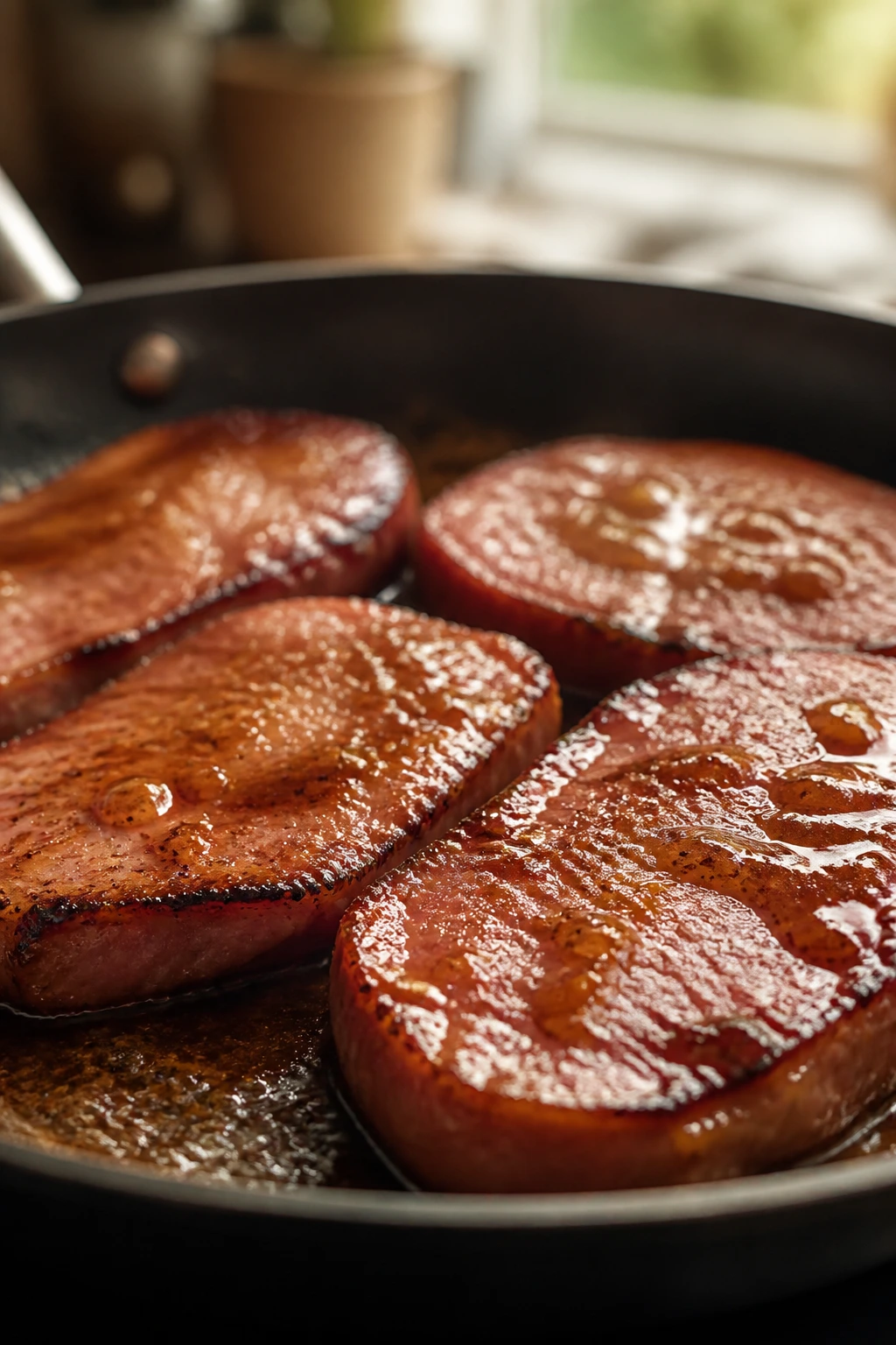 Close-up of juicy ham slices searing with glossy glaze in a skillet