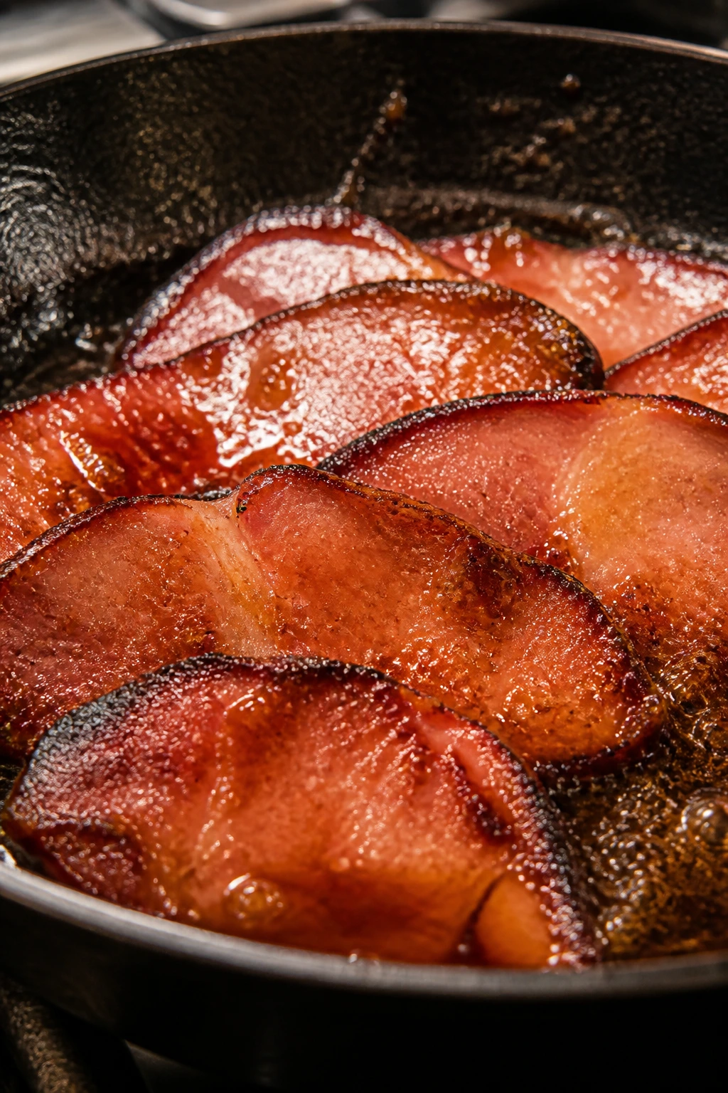 Close-up of lacquered ham with glossy glaze in a cast-iron skillet