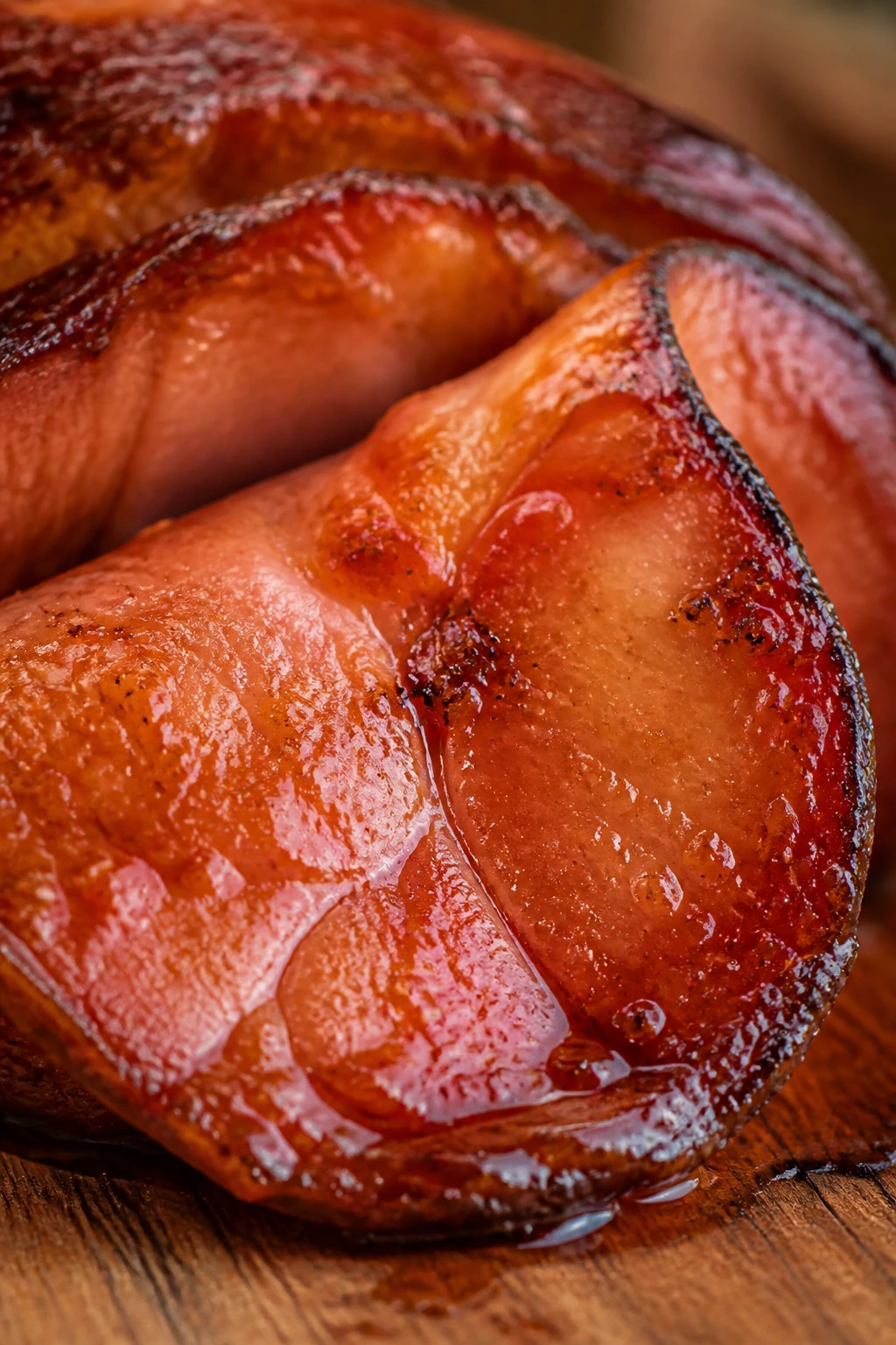 Close-up of glazed spiral ham slice on a wooden board