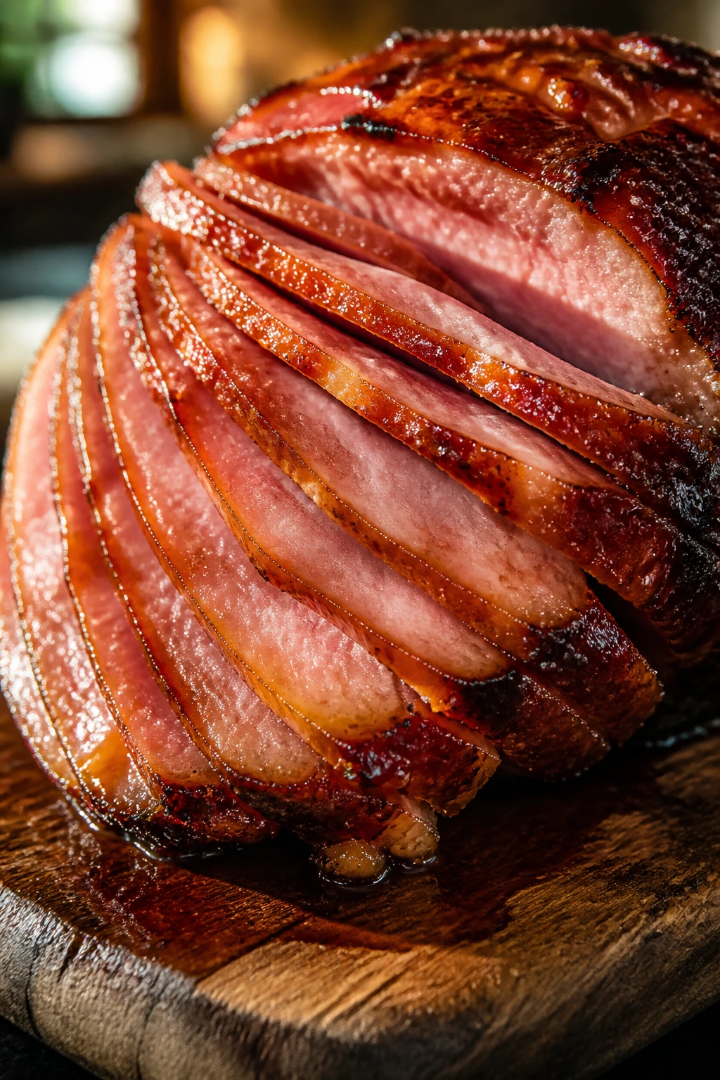Close-up of spiral-cut ham slices with glossy glaze