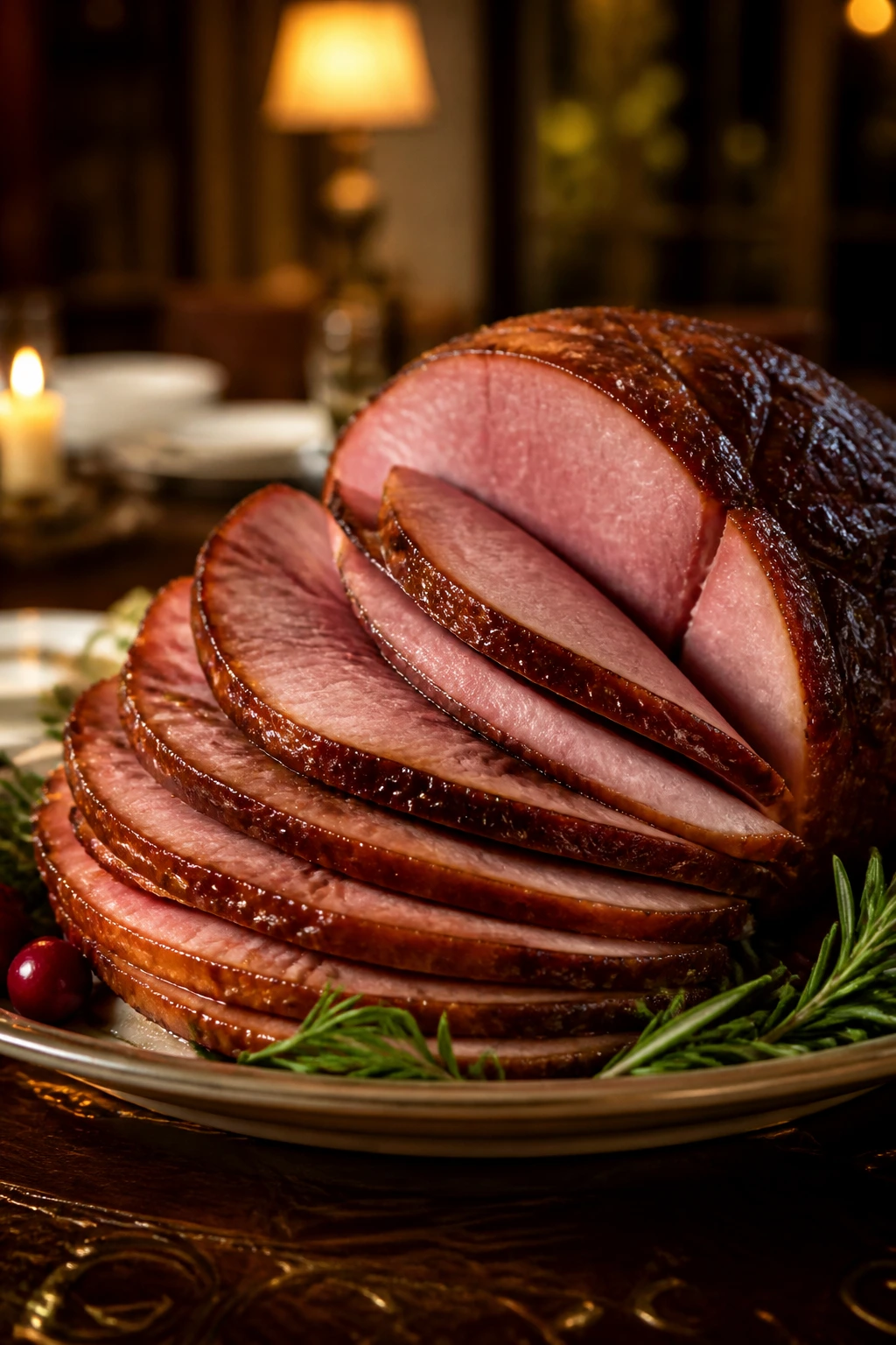 Sliced glazed ham on a warm platter ready to serve