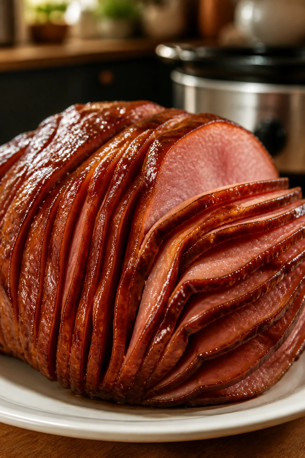 Close-up of glossy spiral-cut ham slices on plate in warm kitchen