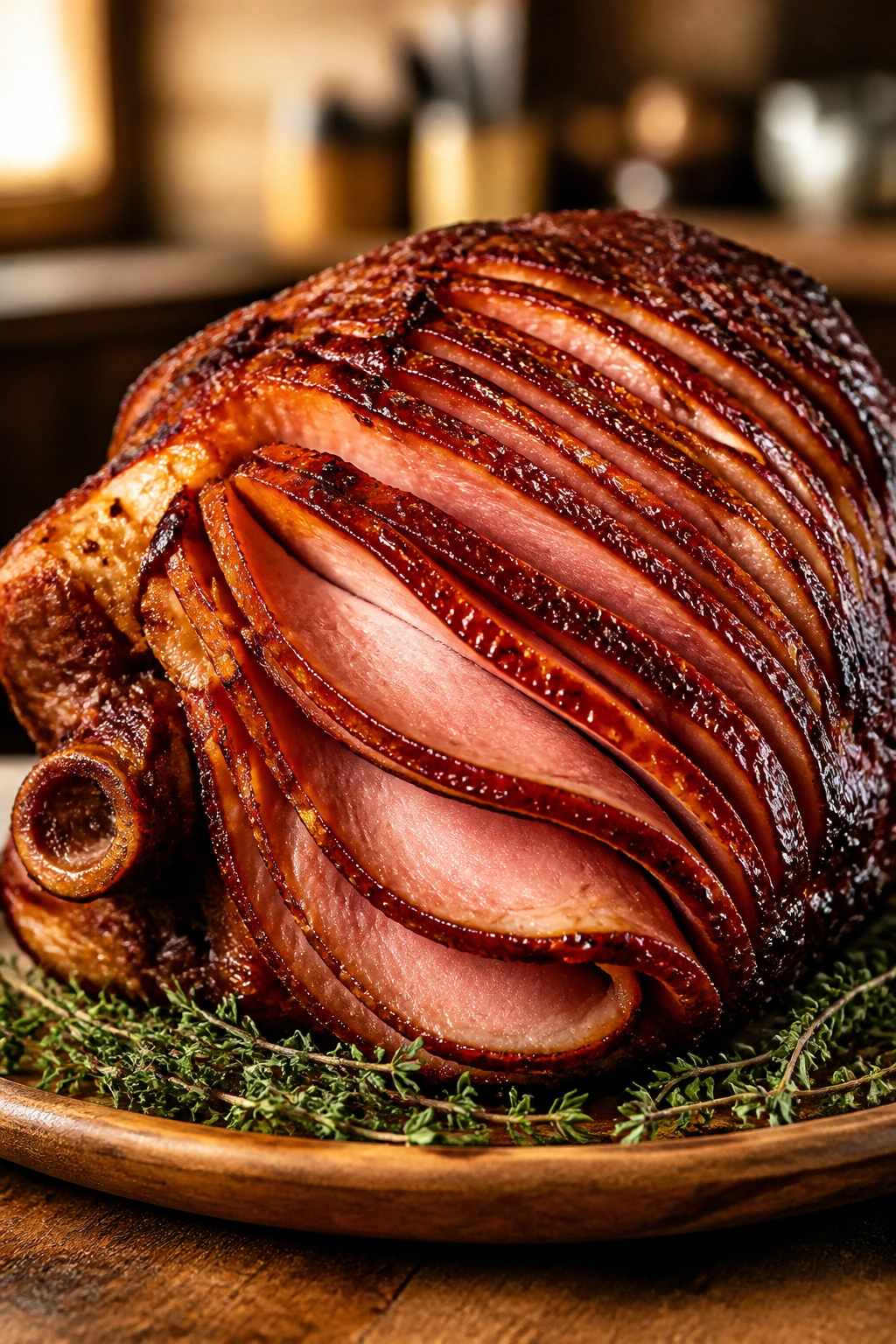 Close-up of bone-in spiral-cut ham with glossy glaze on a rustic platter in a cozy kitchen