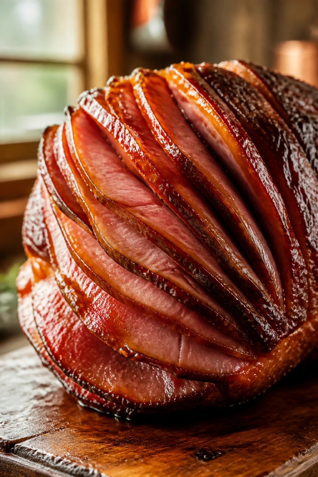 Close-up of glossy spiral-cut ham with thick glaze on rustic cutting board