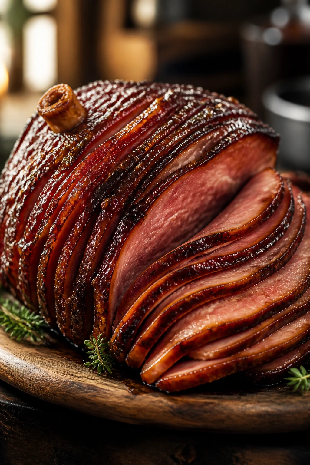 Close-up of bone-in spiral-cut ham with glossy glaze on a wooden platter