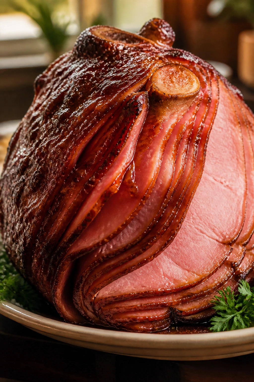 Close-up of glazed ham on a platter in a warm kitchen