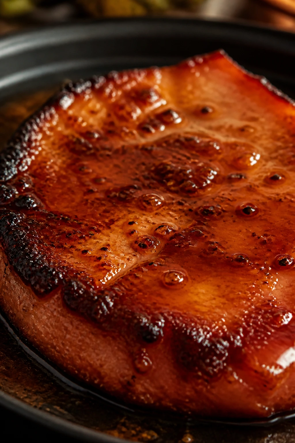 Ham slice with glossy glaze in warm kitchen