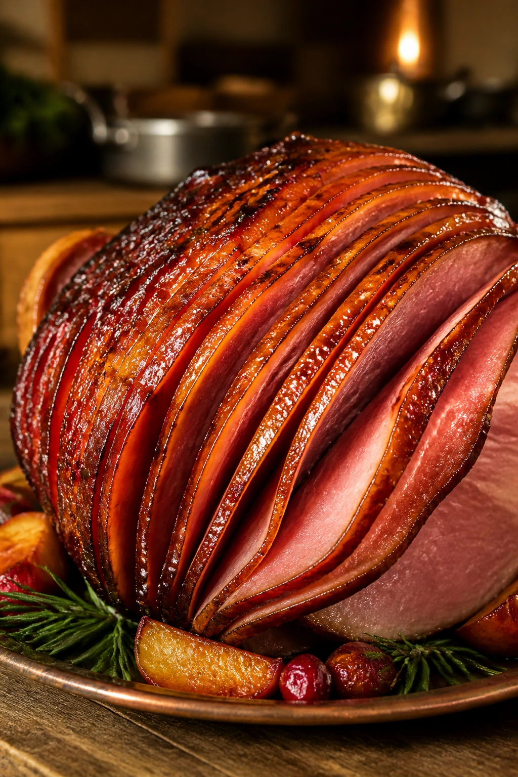 Glazed ham with slight glaze variation on platter