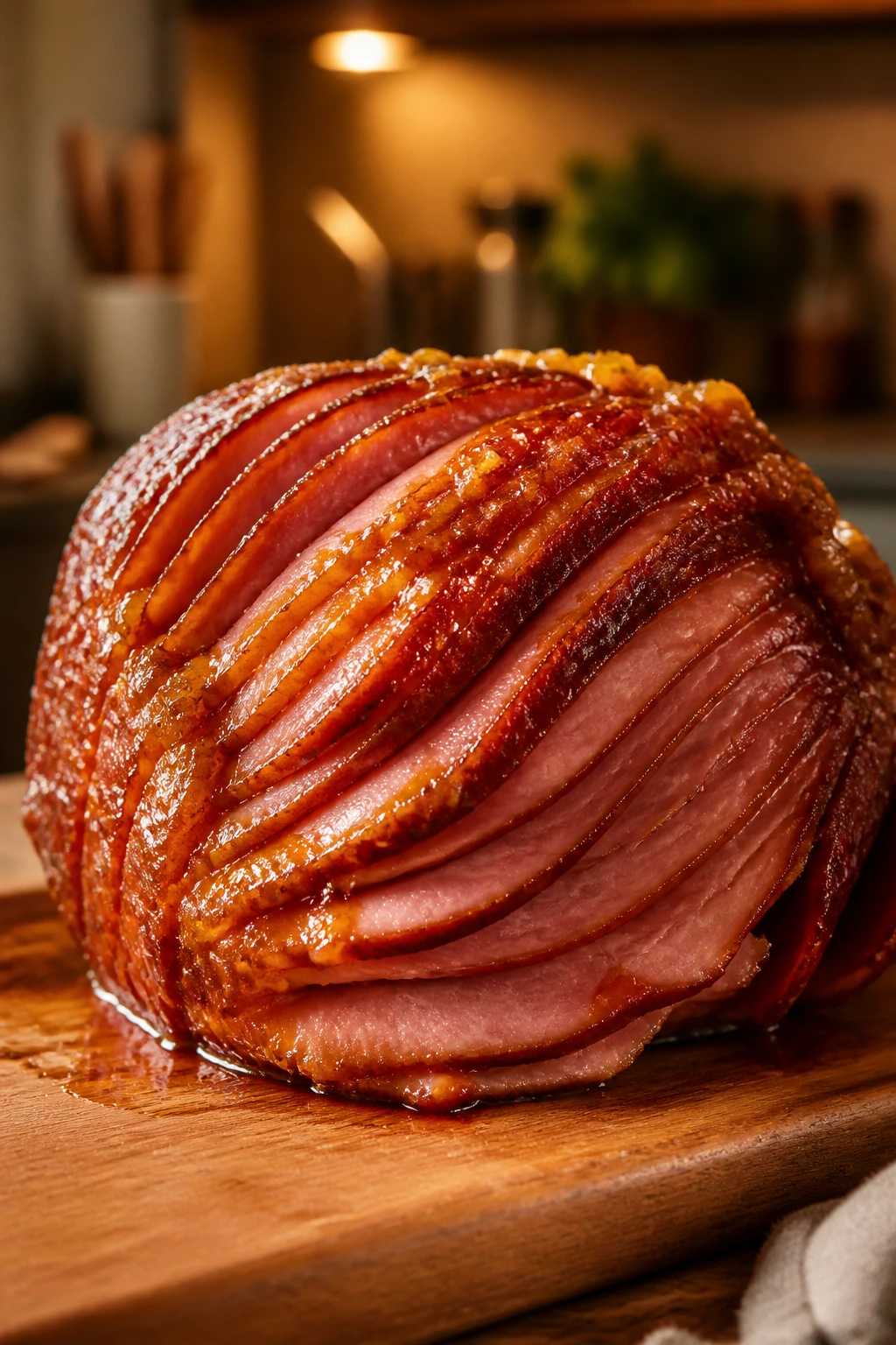 Glossy glazed ham on wooden board with warm kitchen lighting