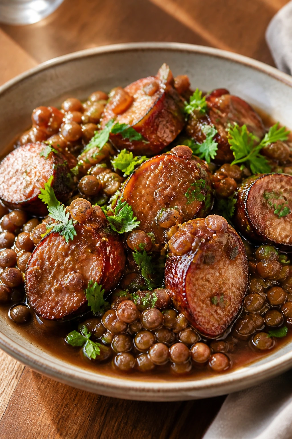 Serving lentils and sausage in a shallow bowl with parsley