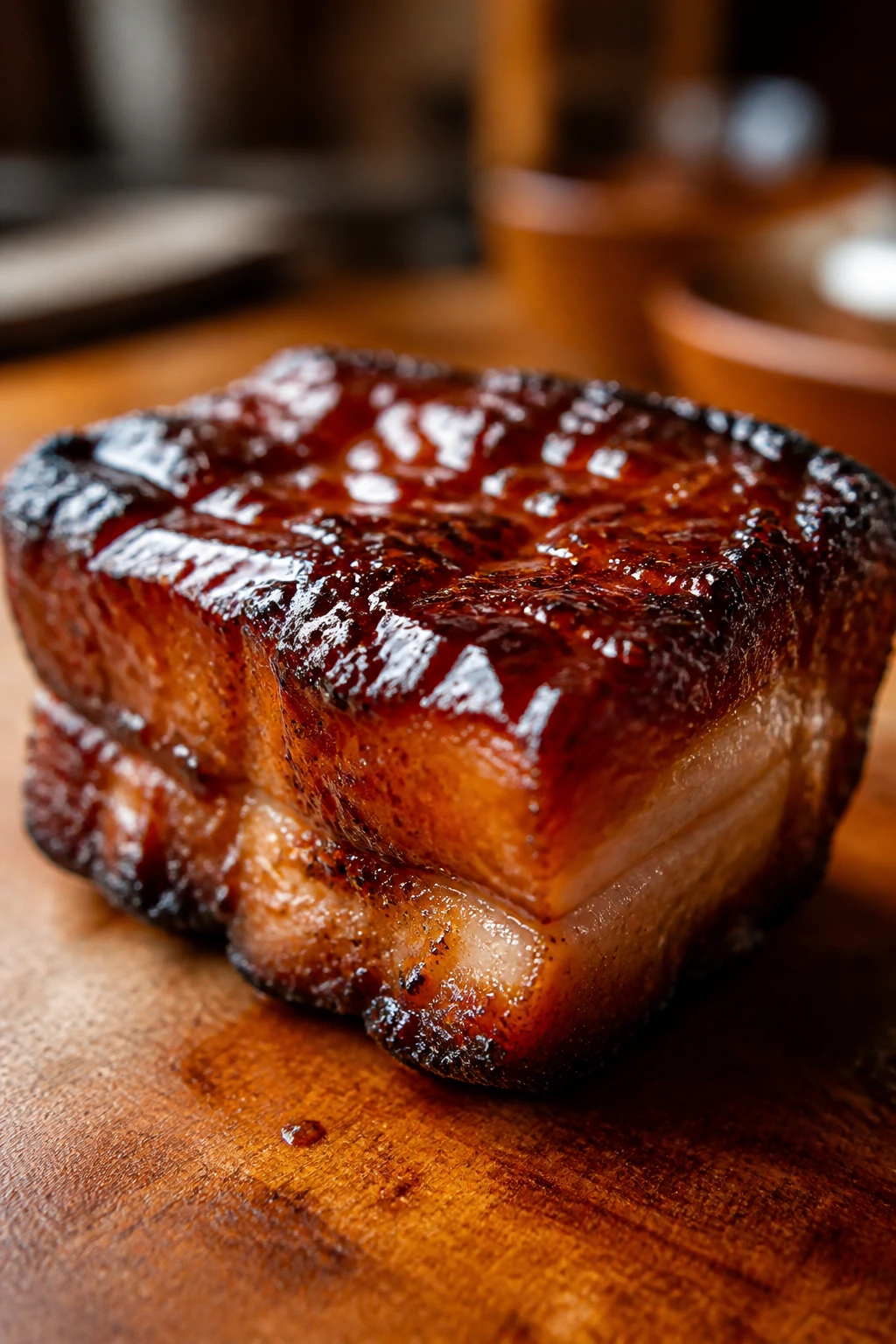 Close-up of pork with deep amber glaze on a dark plate