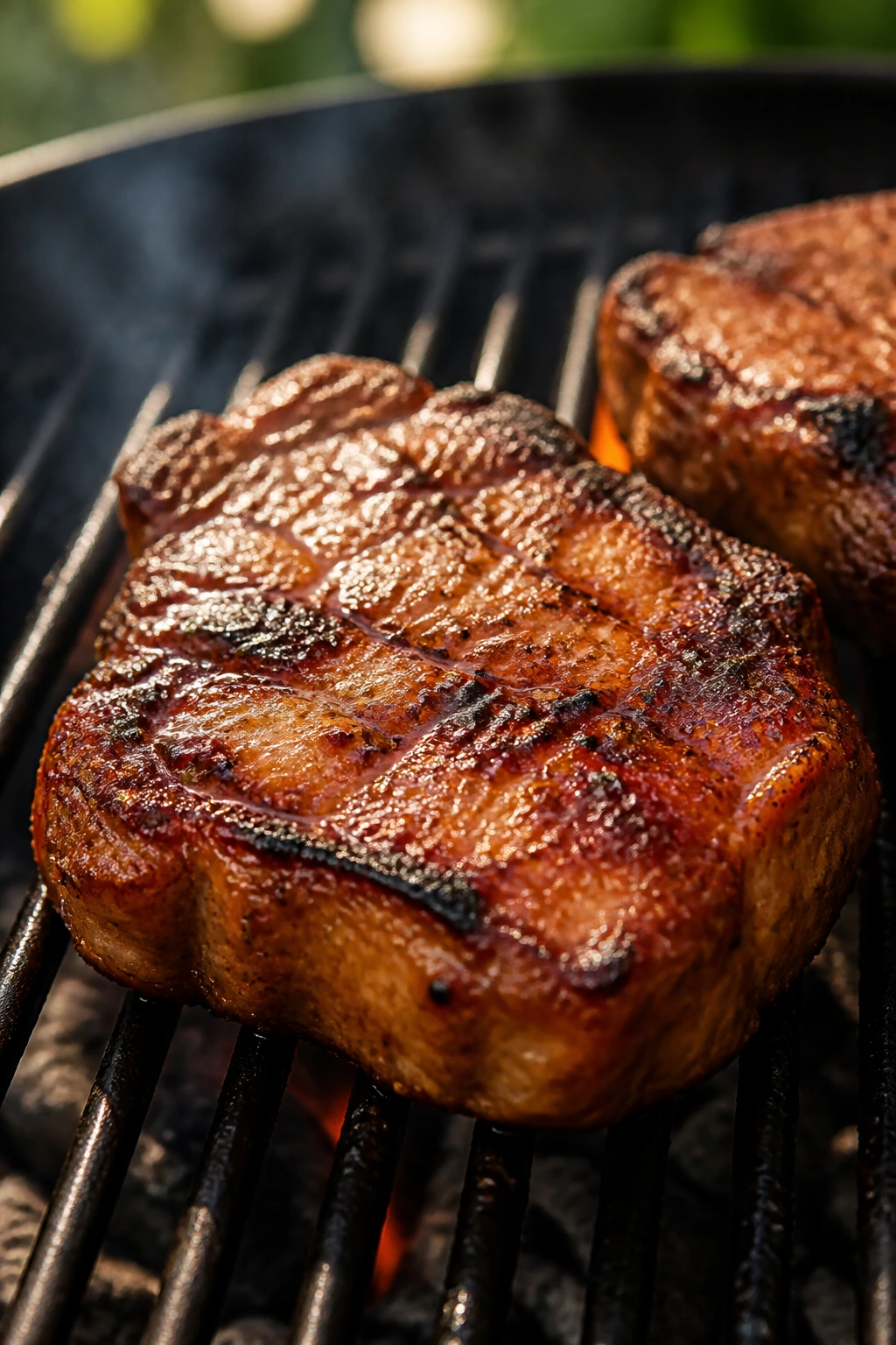 Glossy glazed pork chop searing on a grill