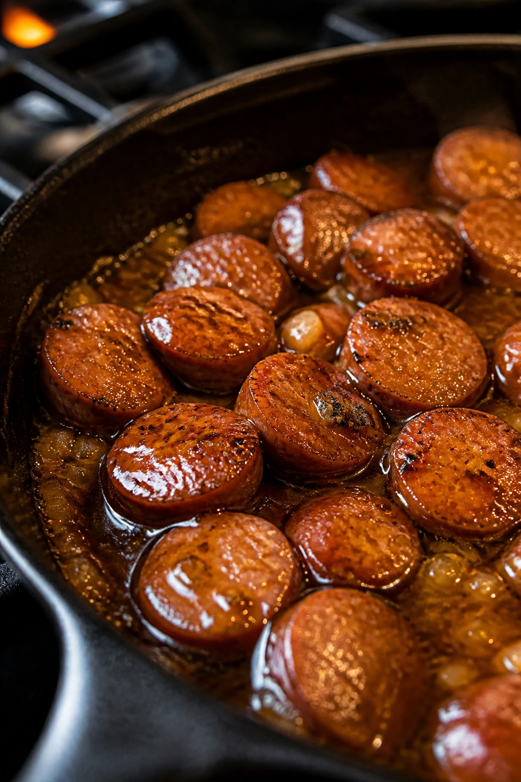 Close-up of glossy brown sugar glaze on smoked sausage