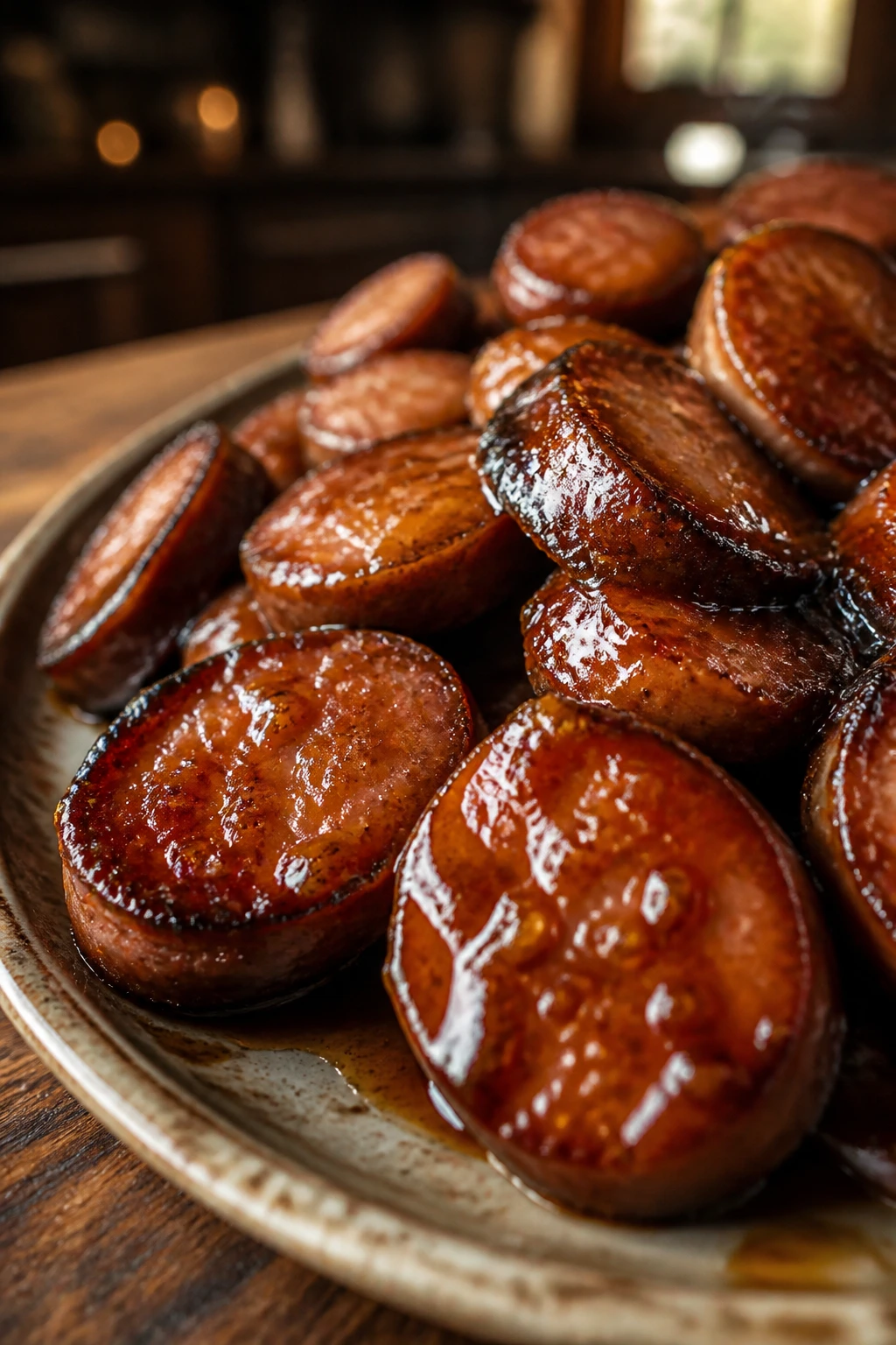 Close-up of glazed sausage coins on a rustic plate with caramel glaze