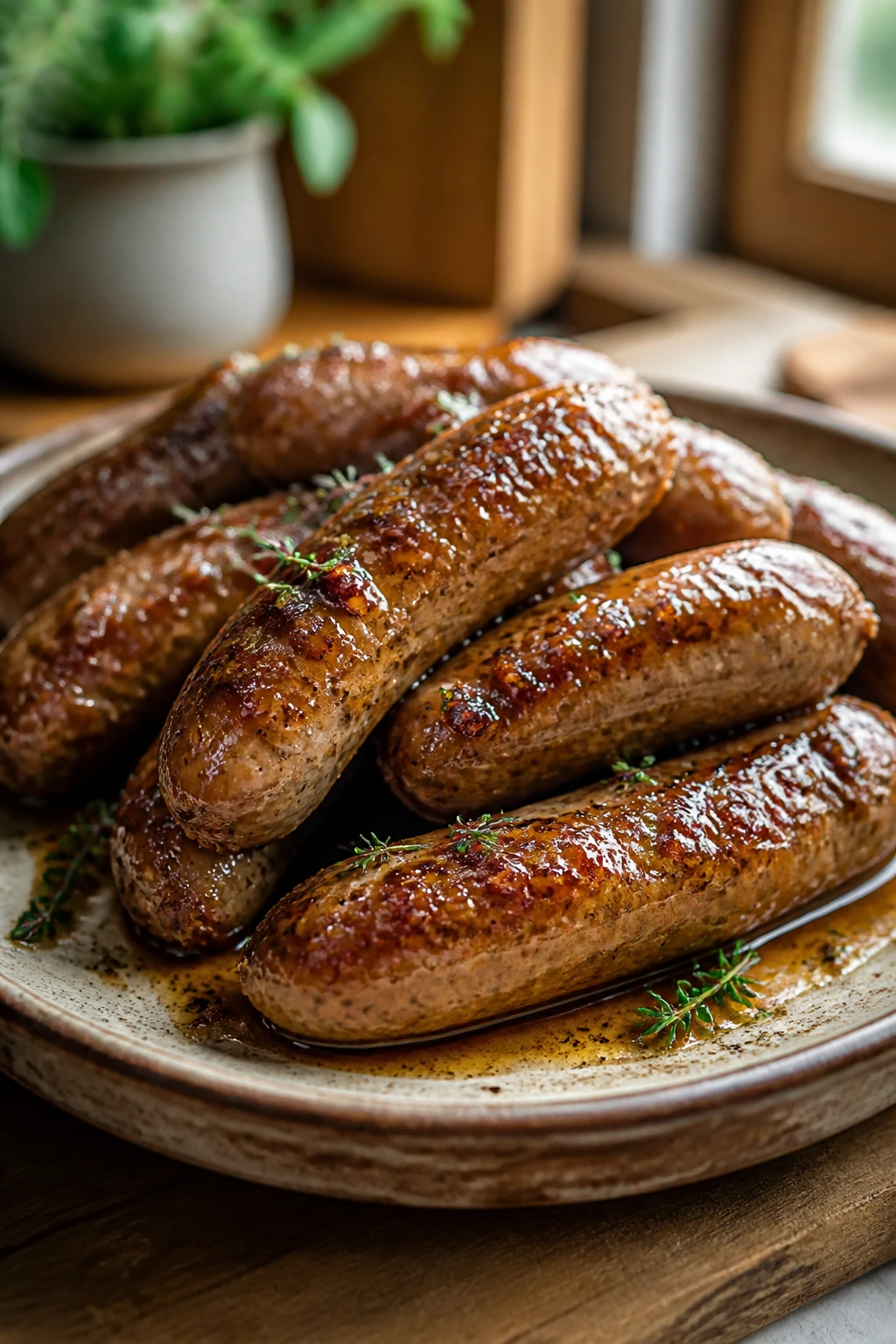 Close-up of glossy glazed keto sausage links on a rustic platter