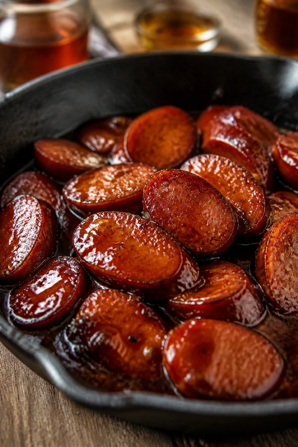 Sausage in amber glaze with hints of smoky sweetness in skillet