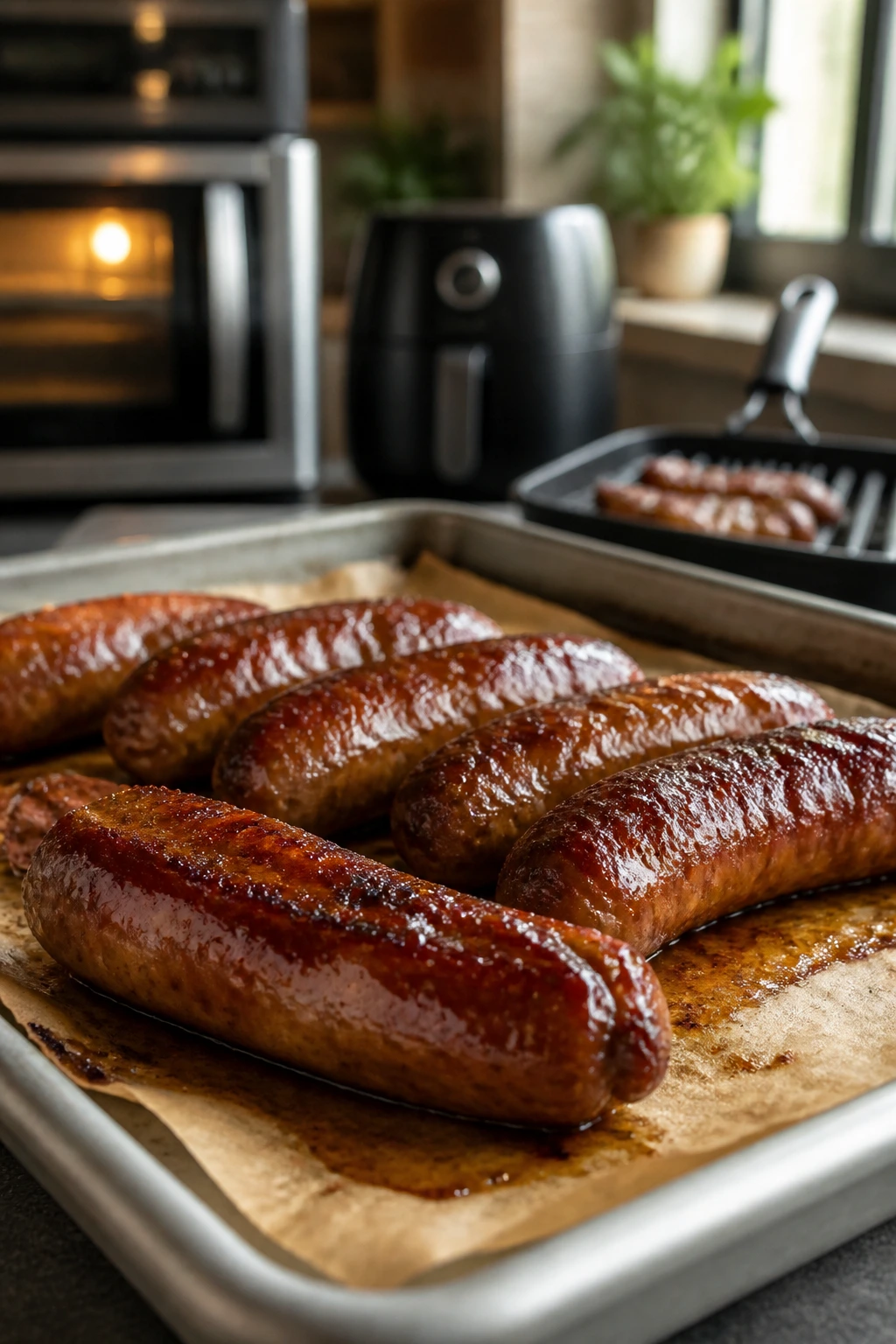 Close-up of glossy glazed sausage with onions in a kitchen, hinting at oven, air fryer, and grill methods