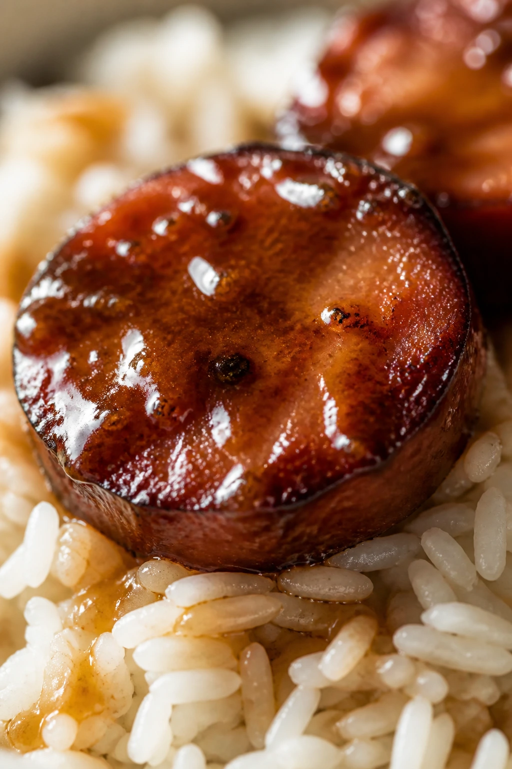 Close-up of glazed smoked sausage on white rice